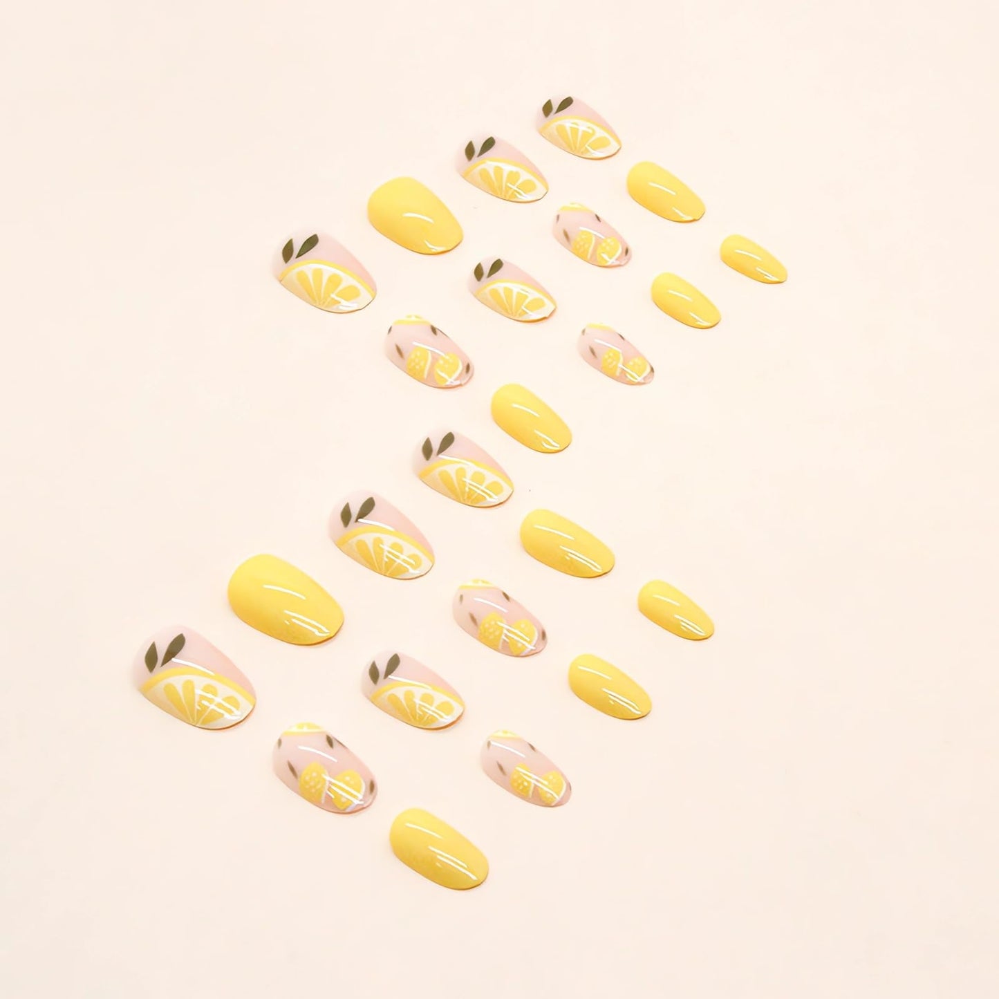 IMSOHOT Yellow Oval Press on Nails Summer Short French Tip Fake Nails Cute Lemon Pattern False Nails with Designs Glossy Full Cover Round Acrylic Nails for Women Girls 24Pcs