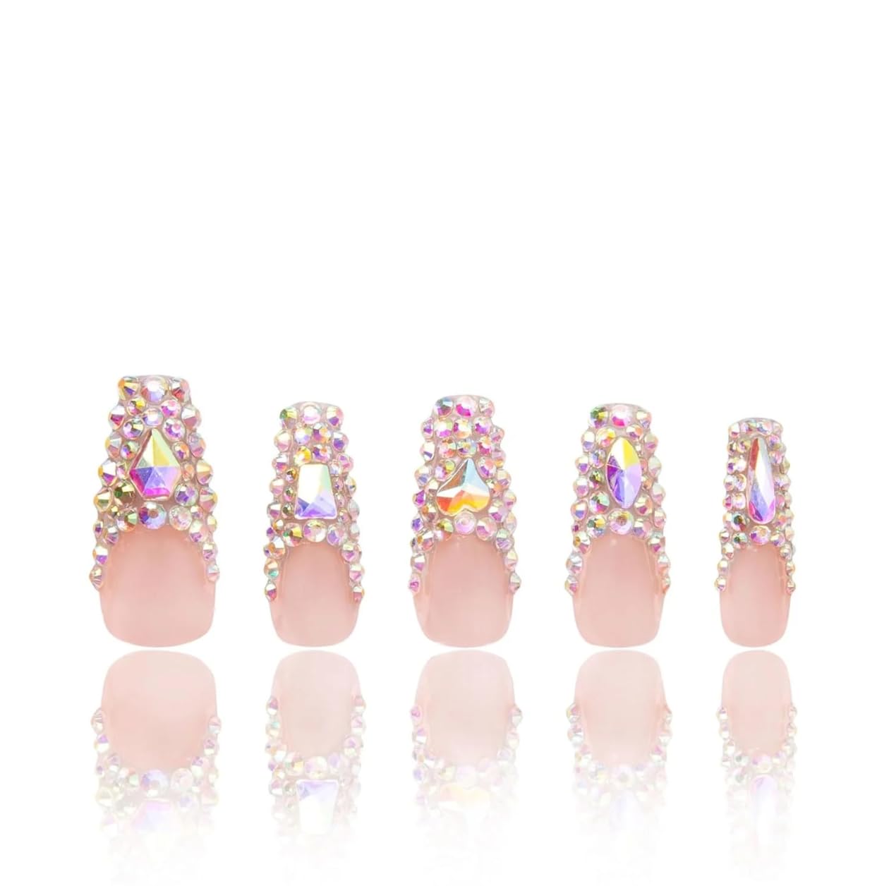 LOVFUL Reusable Press on Nails | Salon Quality Sustainable Style Handmade with Full Covered Crystals | Coffin Classic Regular 1.3 in | (Angel's Tear Rhinestone, S)