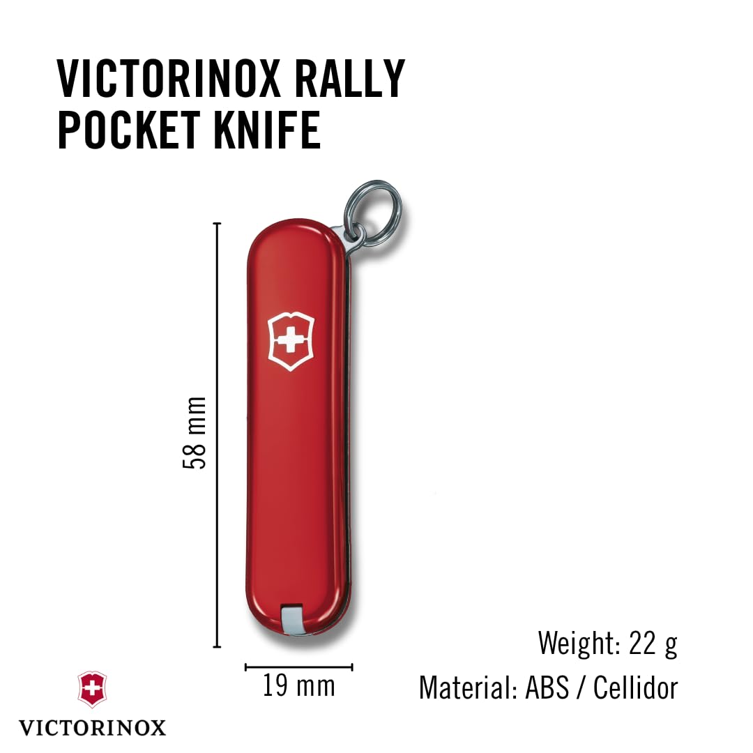 Victorinox Rally Swiss Army Knife, Compact, 9 Functions, Swiss Made Pocket Knife with Magnetic Phillips Screwdriver, Bottle Opener and Key Ring - Red