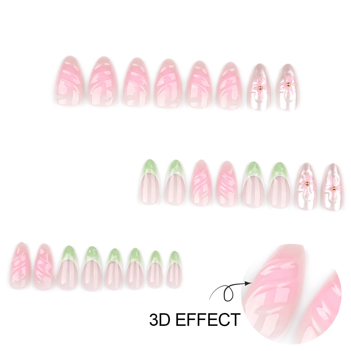 Pink Green Press on Nails Medium Almond Fake Nails French Tip Nails Press ons with 3D Flower Design Reusable Artificial Nails Full Cover Stick on Nails for Women Manicure 24Pcs