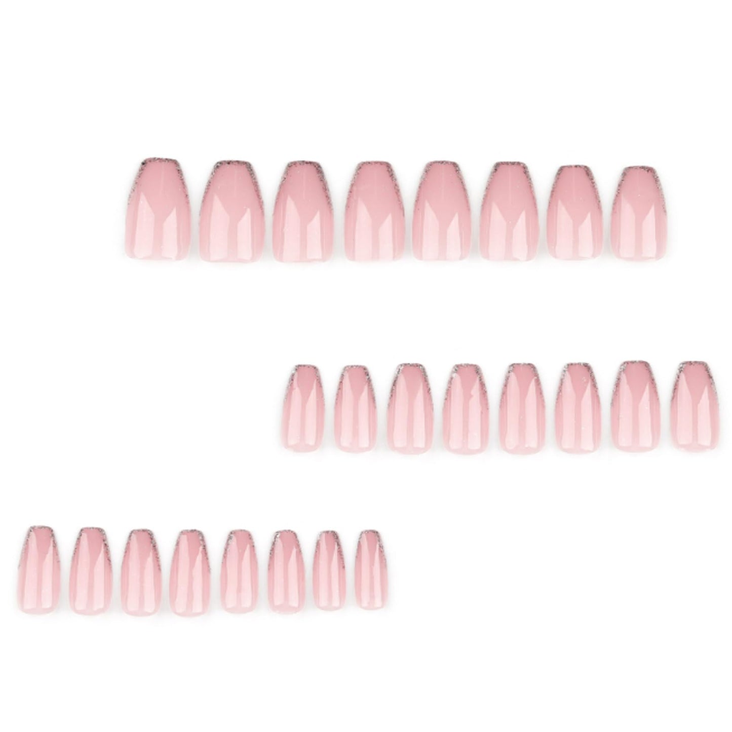 Hkanlre Medium Coffin Press on Nails Bling Fake Pink Nails Tips Full Cover False Gold French Nails for Women and Girls 24PCS