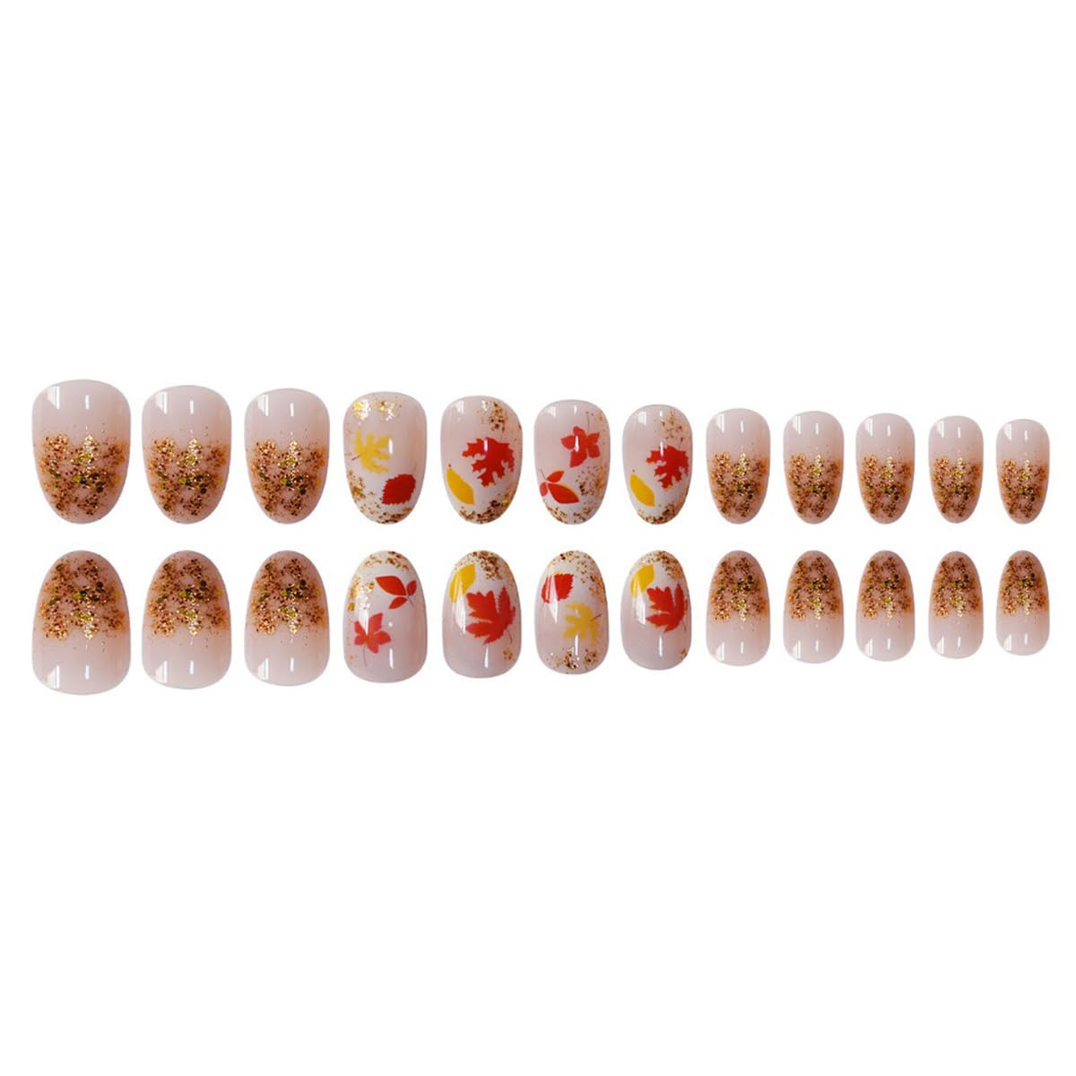 24Pcs Fall Maple Leaf Press on Nails Short Oval Almond Fake Nails with Gold Glitter Designs Thanksgiving Maple Leaves False Nails Full Cover Glossy Nude Acrylic Glue on Nail for Women Autumn Nails DIY