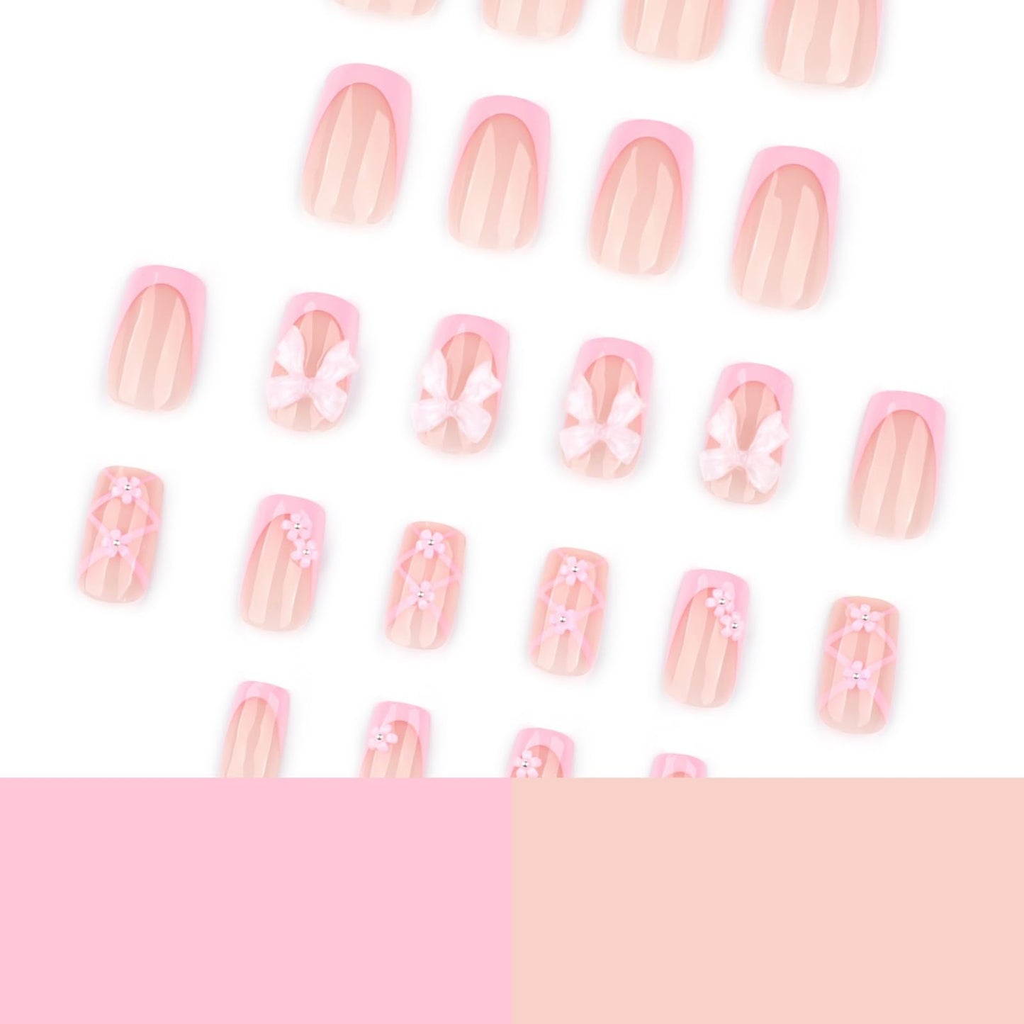 Pink Press on Nails Bow Fake Nails French Tip False Nail Press ons Glossy Full Cover Flower Stick on Nail for Women Manicure 24Pcs