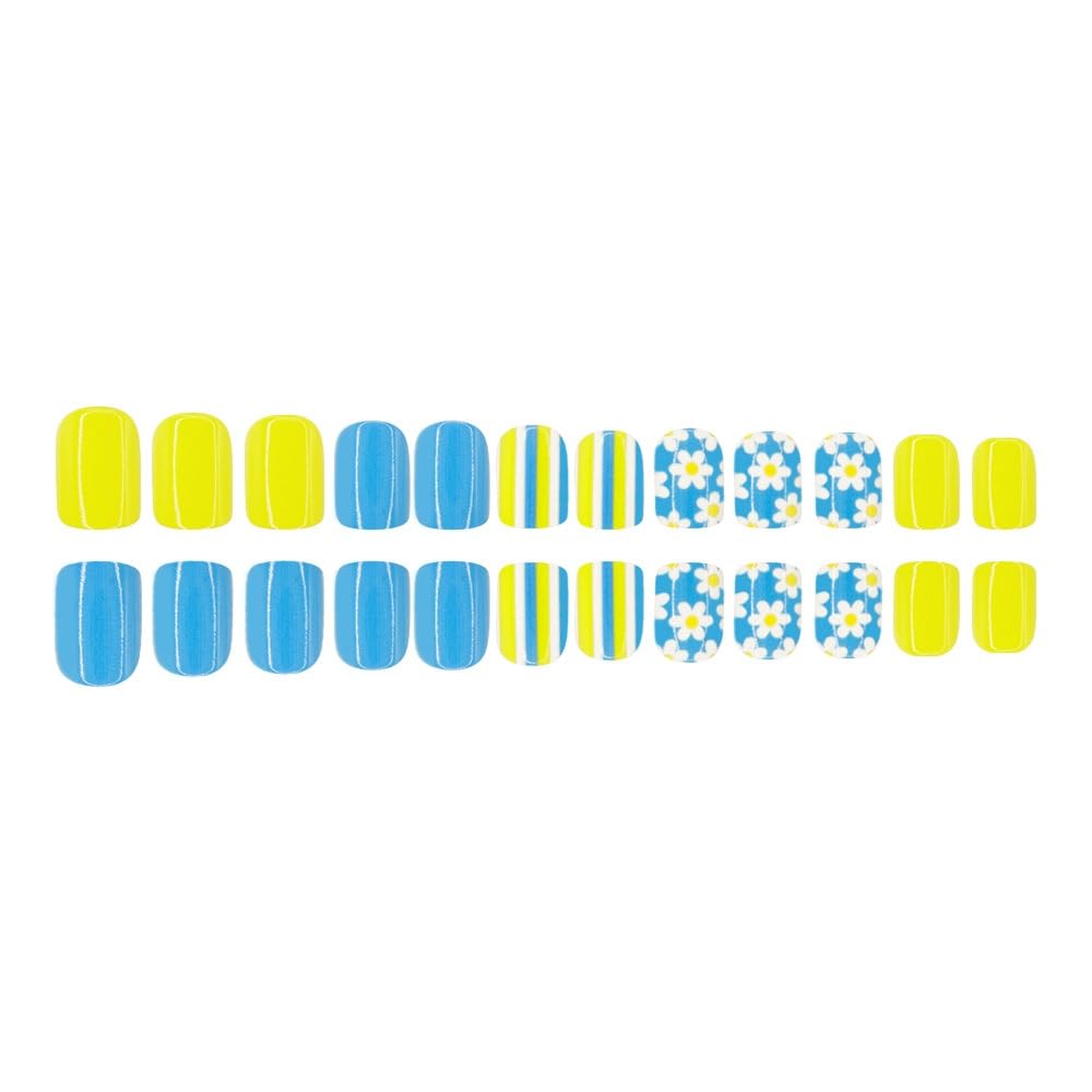 Flower Press on Nails Short Square Fake Nails with White Floral Design Glossy Blue Glue on Nails Yellow Striped Nails Press ons Reusable Full Cover Spring Summer Acrylic Nails for Women Manicure 24Pcs