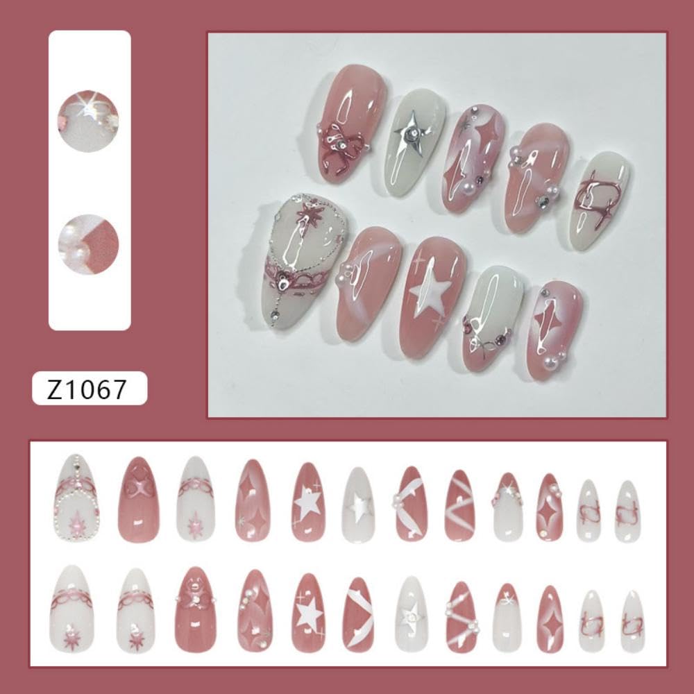 Pink Press on Nails Medium Almond False Nails with 5D Pearl Star Design White Lines Stick on Nails Glossy Full Cover White Glue on Nail Rhinestones Fake Nail for Women Girls Manicure 24Pcs