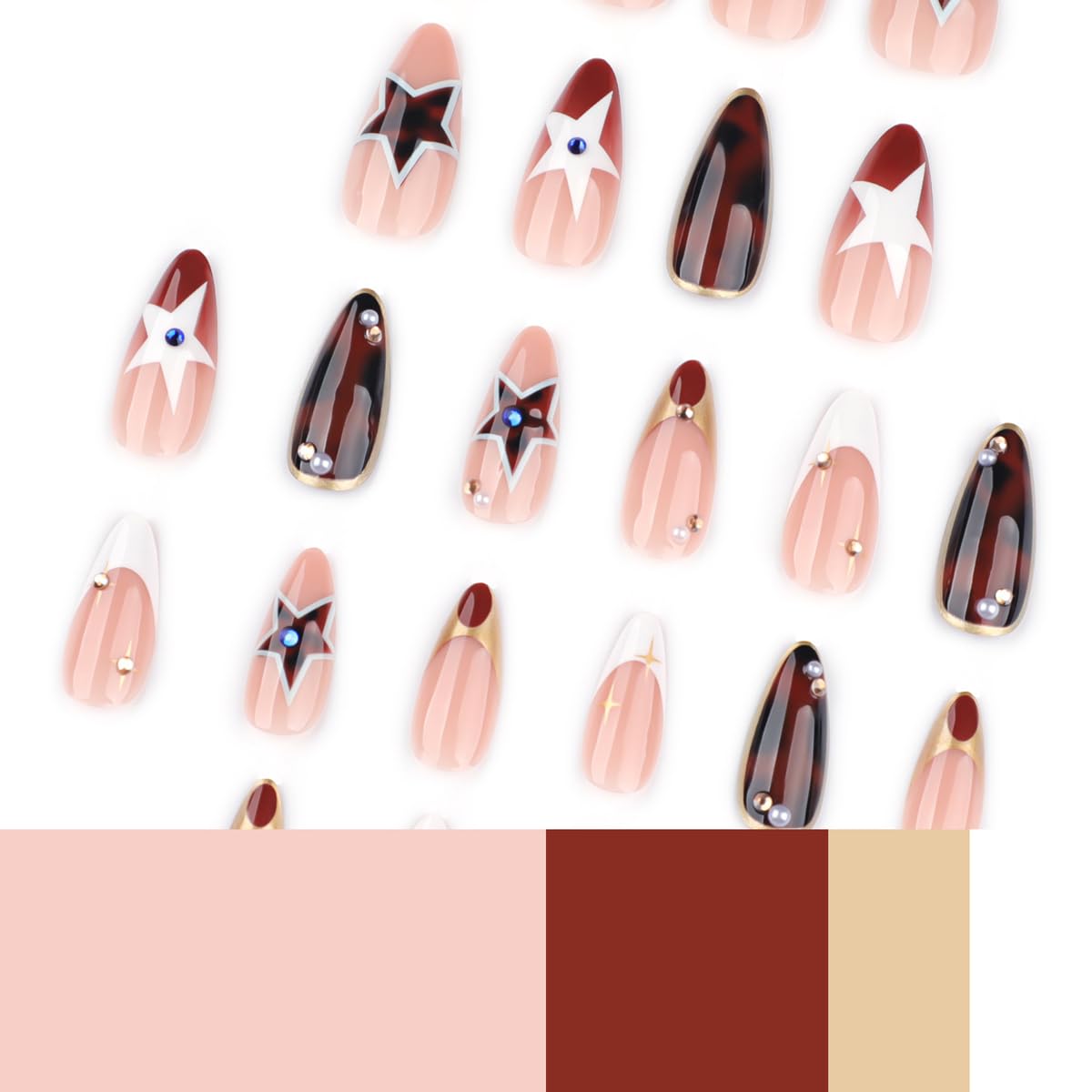 HPYFOI Press on Nails Medium Almond - Y2K Star & Brown Tortoise Fake Nails,French Tip Reusable Glue on Nails for Women Manicure 24Pcs