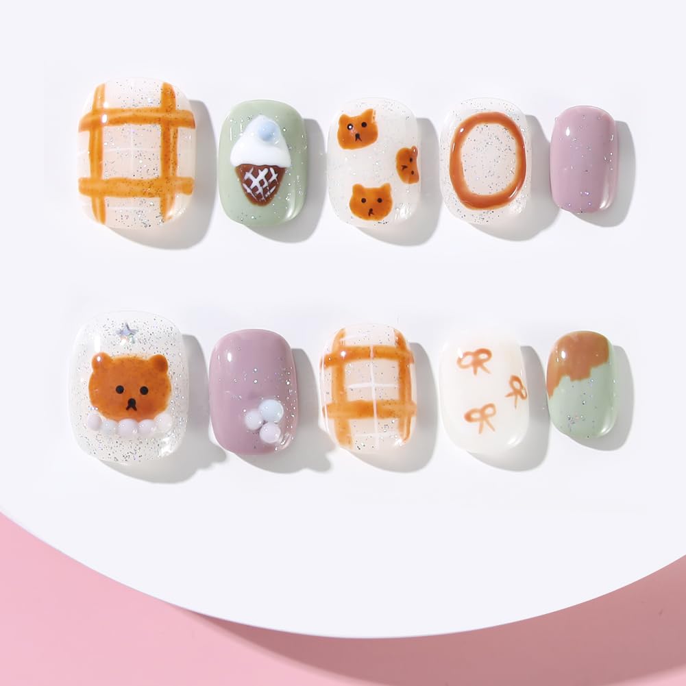 ADAIER Handmade Press On Nails, French Nails,wedding, party,Short Coffin Nails Set for Handmade,Reusable Opaque Nails in 10 Nail Kit for Women(Z-03) (S03, L)