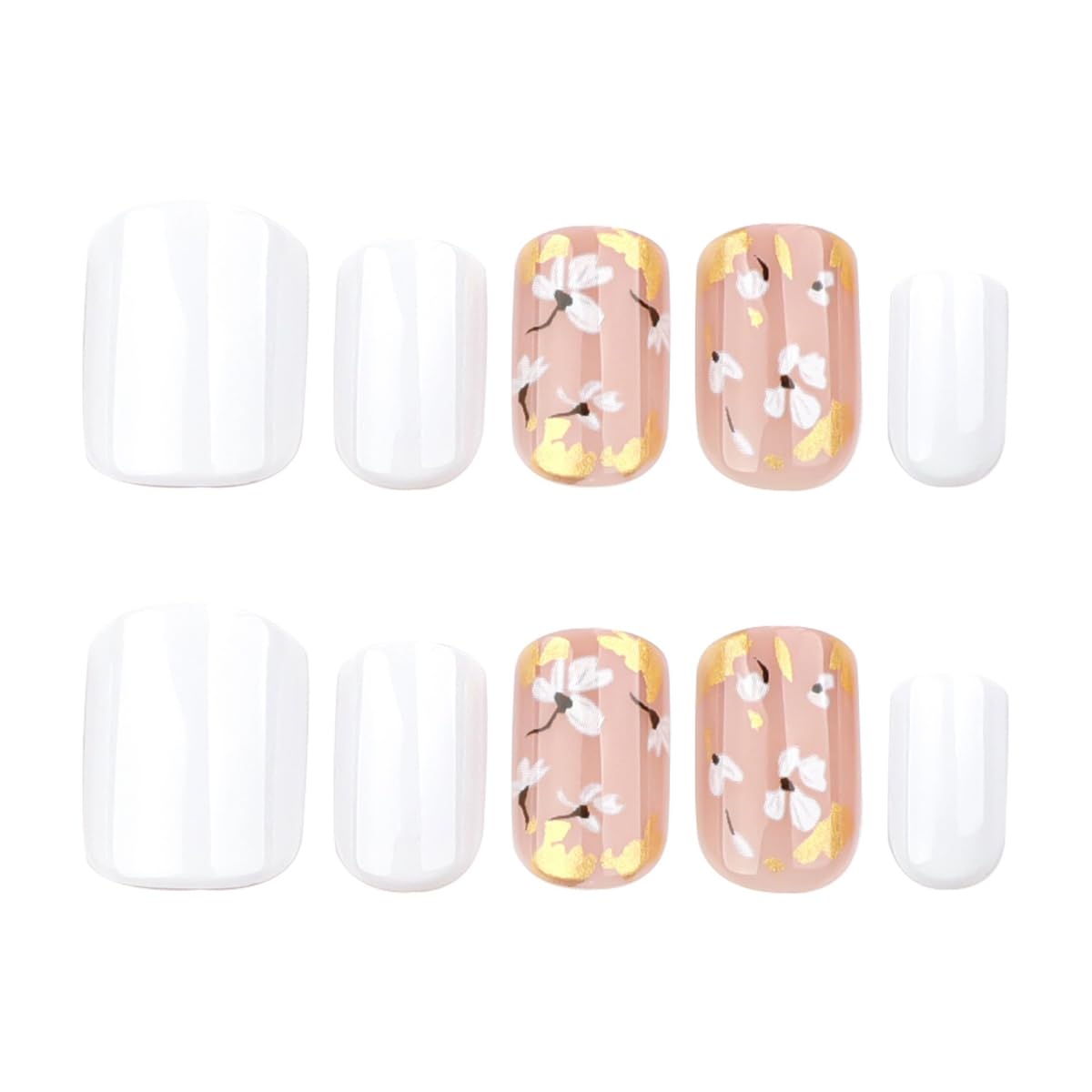 Mivota Fall Short Press on Nails Square, White and gold Fake Nails, Delicate Gold Foil Flower Designs, with a Few Nude Nails Featuring, Glossy Finish Acrylic Nails, Reusable Glue on Nails Kit