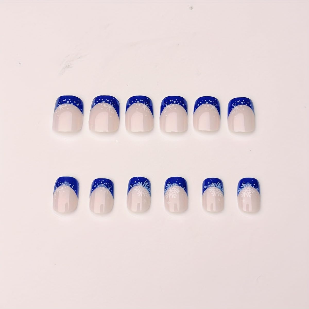 Christmas Blue French Tip Press on Nails Square Short Snowflake Fake Nails Winter Nude Pink Gradient False Nail Full Cover Reusable Acrylic Nails Christmas Glue on Nail for Women 24Pcs