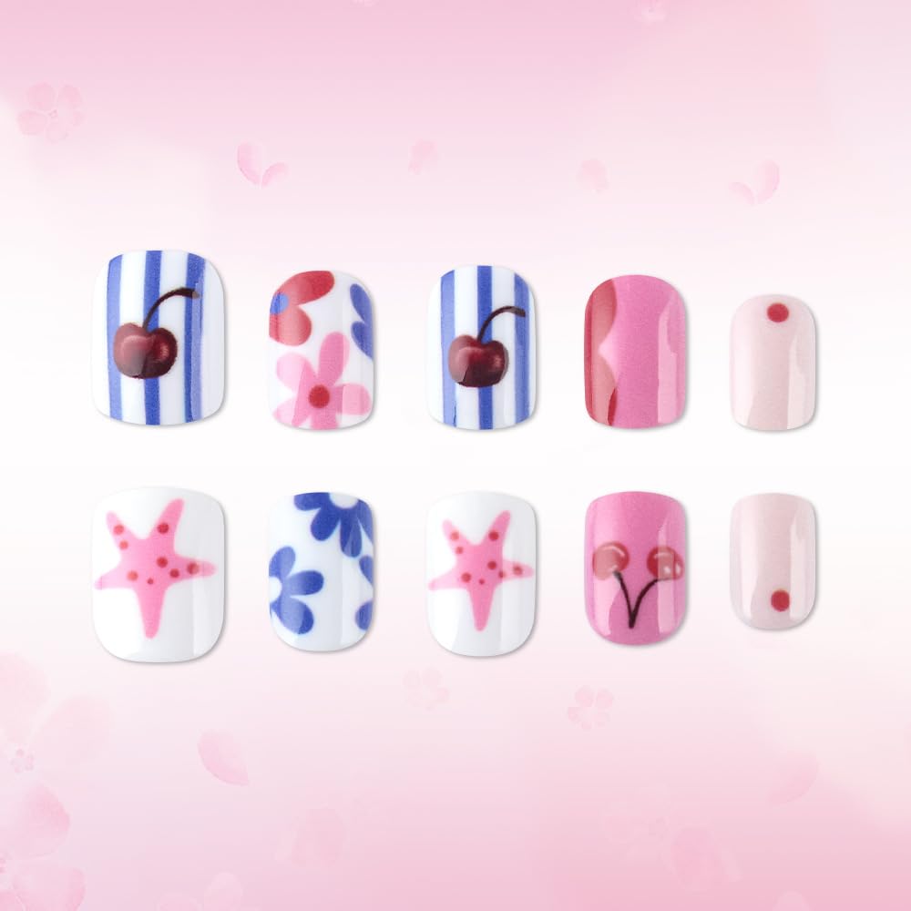 24Pcs Summer Press on Nails Short Square Fake Nails QUNQINLI False Nails with Cherry Starfish Flower Striped Designs Acrylic Nails Press ons Full Cover Glossy Glue on Nails Stick on Nail for Women