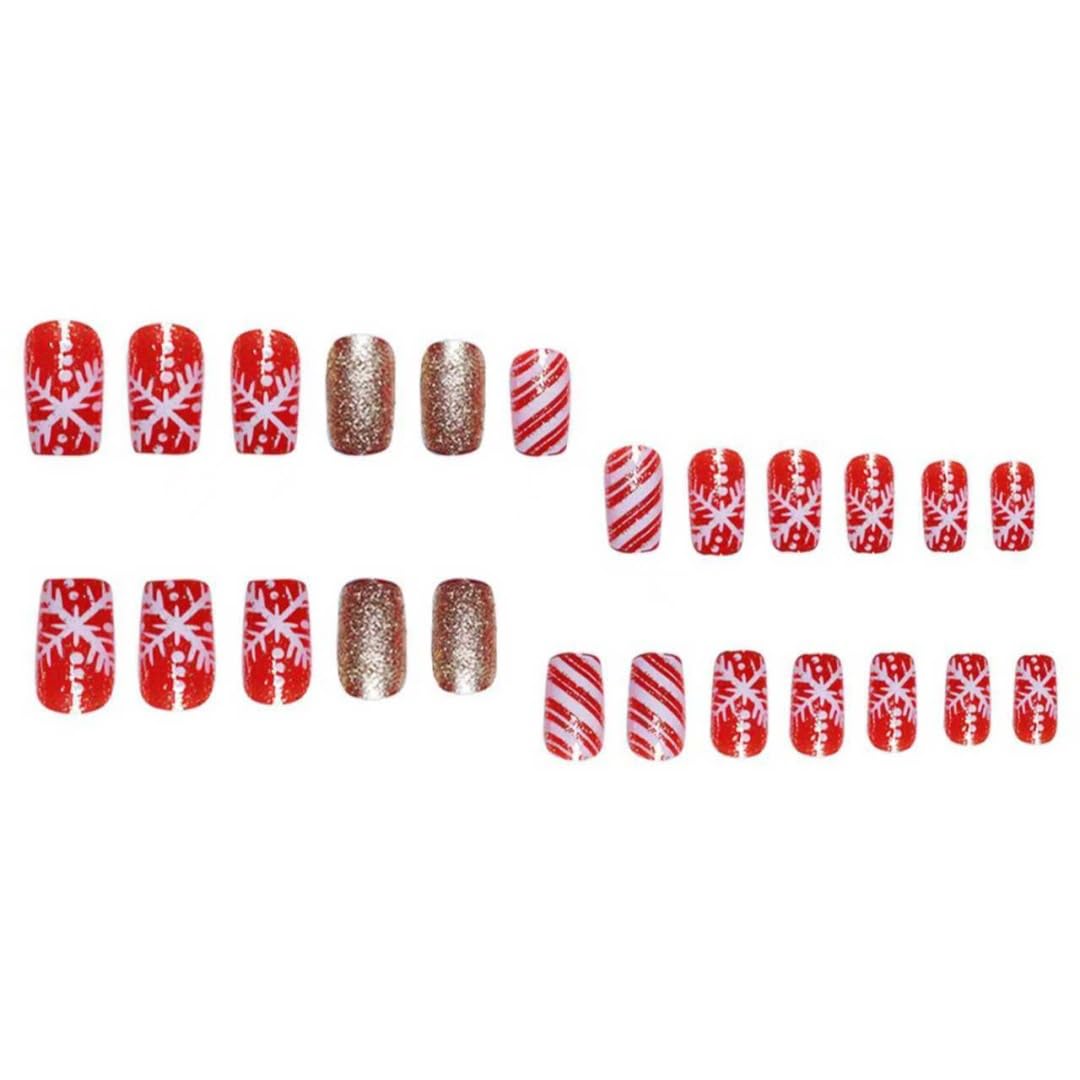 24Pcs Christmas Red Press on Nails Snowflake Fake Nails with Gold Glitter Designs Red White Stripe False Nails Xmas Full Cover Glue on Nail Winter Artificial Acrylic Nail for Women Nails Art Kit