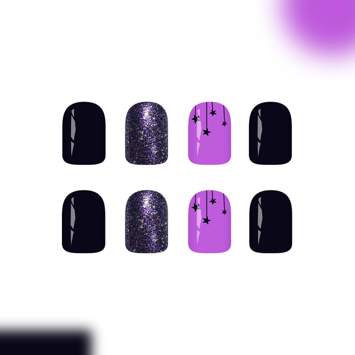 24Pcs Black Fake Nails QUNQINLI Short Square Press on Nails with Small Star Charms Designs Purple Glitter Nail Tip Kit Glossy Full Cover Glue on Nails Reusable Stick on Nail for Women Manicure