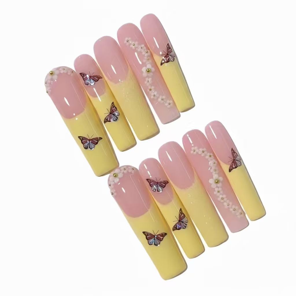 MikaJayboo Handmade Press on Nails Long Coffin Yellow French Tip Fake Nails with Butterfly & Rhinestone for Women Glue on Nails for Party Daily Manicure 10Pcs (Size M)