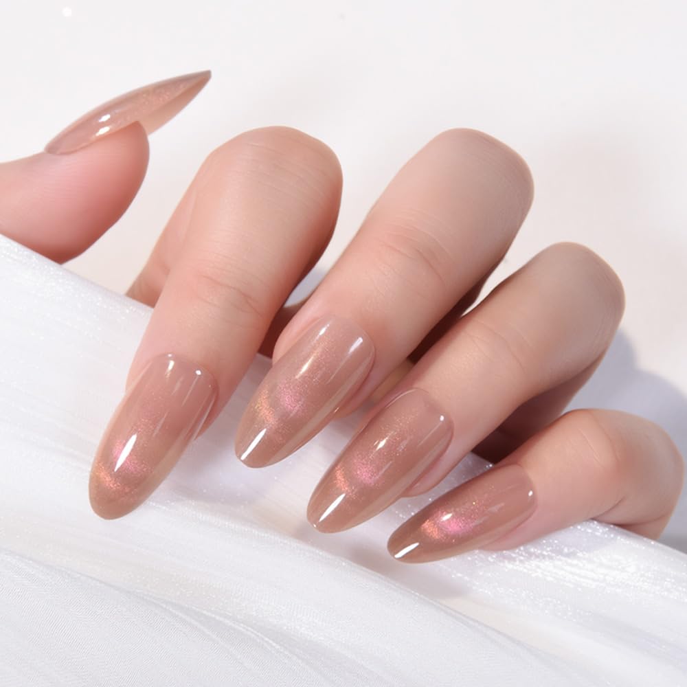 evpct Nude Brown Cat Eye Press on Nails Almond Medium, Medium Almond Stick on Nails for Women Gift, Iridescent Pink Smile Curve Metallic Glitter Reusable Gel Press on Acrylic Fake Nail with Designs