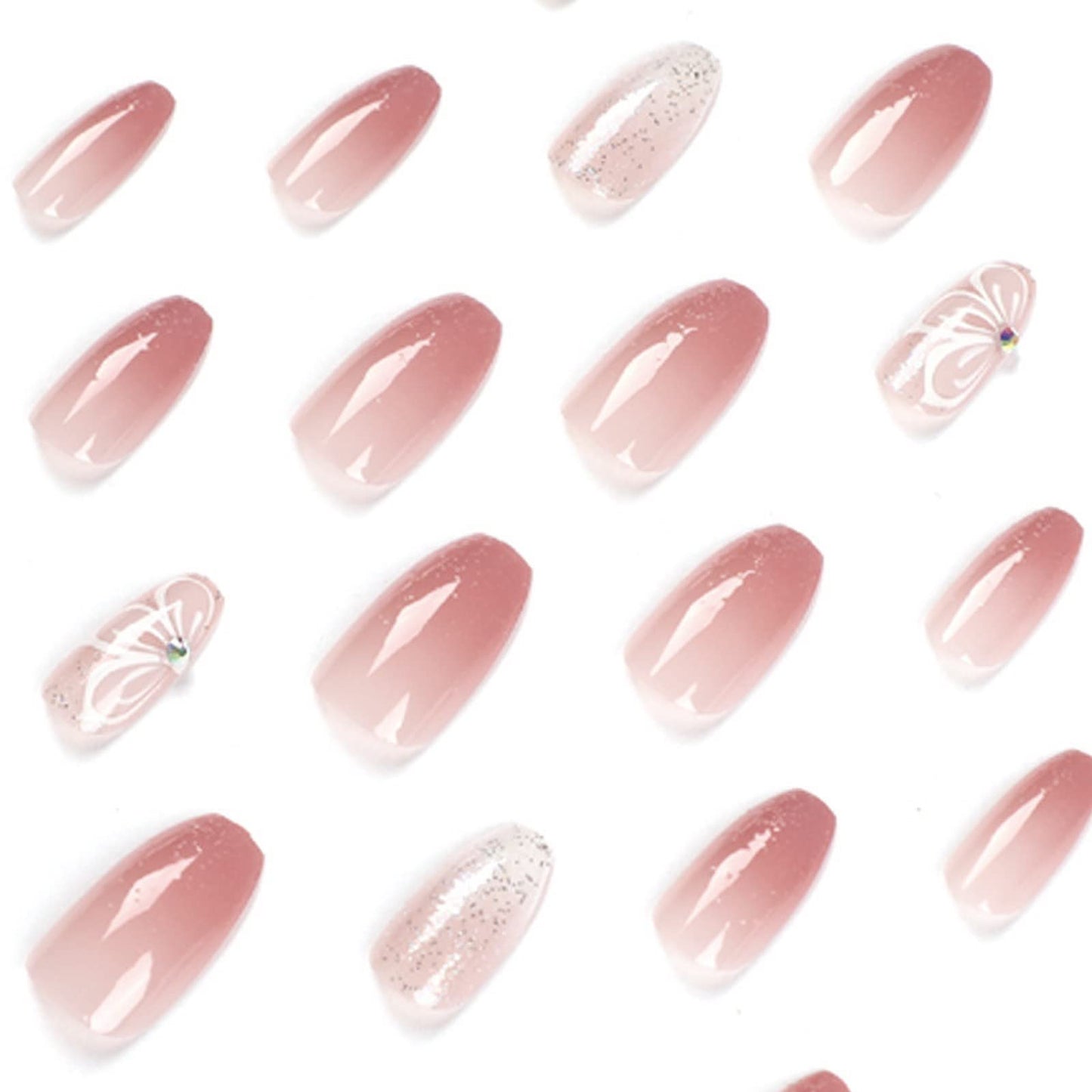 MISUD Press on Nails - Medium Coffin Glue on Nails with Pink Ombre, Acrylic Bling Glitter Design 24 pcs