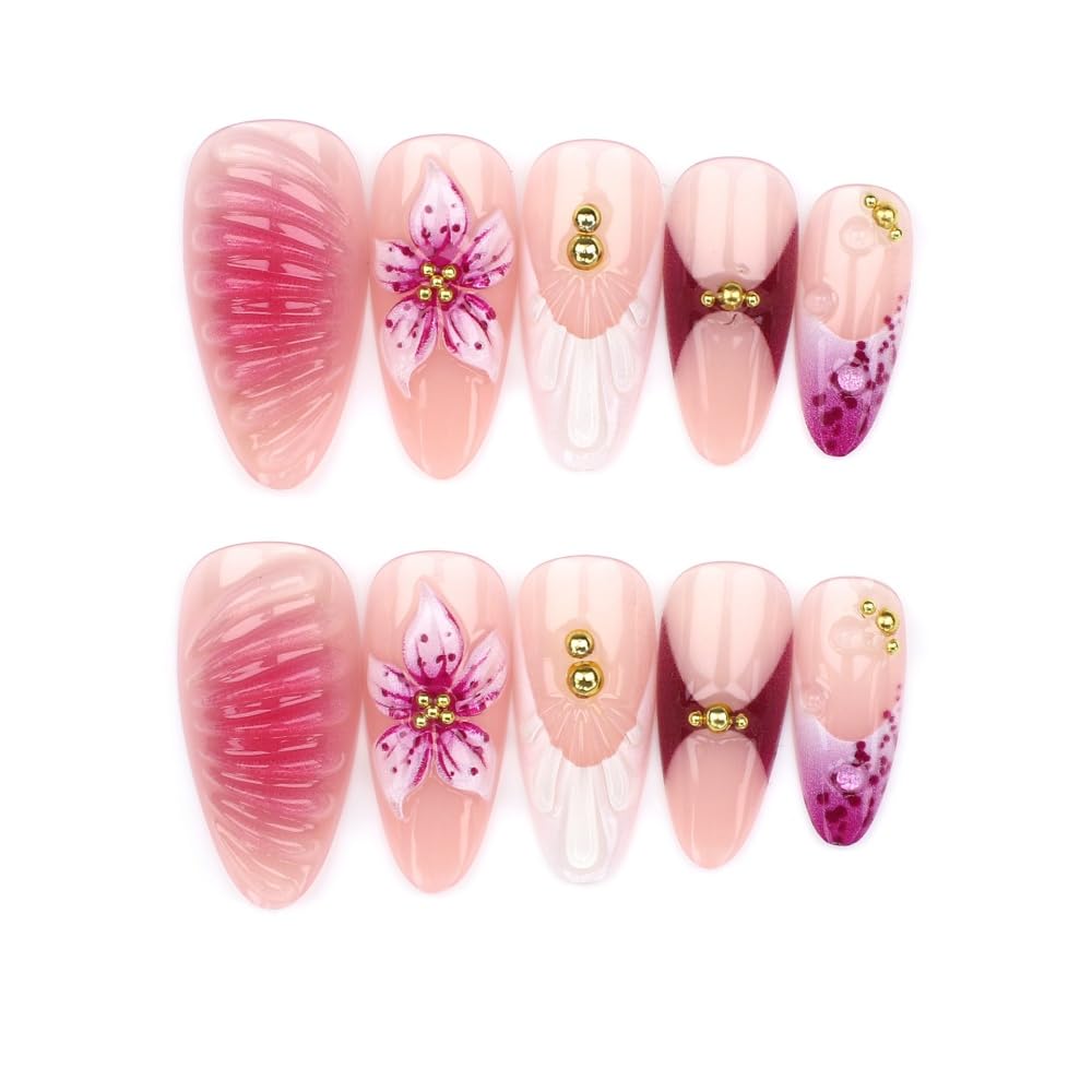 Almond Press on Nails Medium Nails Press on with Purple Bow Design Glossy White French Tips Glue on Nails Ombre Water Ripple Fake Nail Reusable Winter Xmas False Nail for Women Manicure 24Pcs