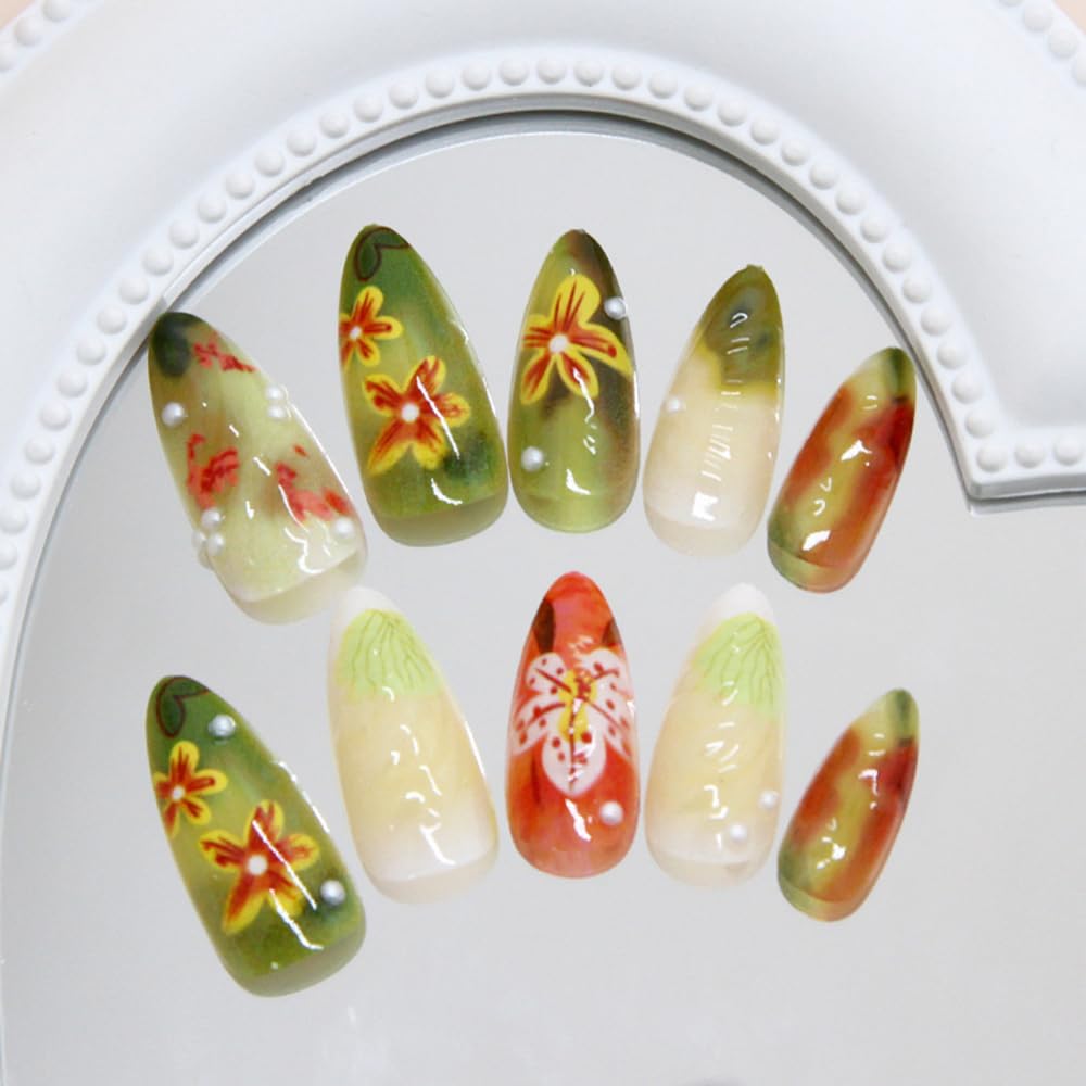 24 Pcs Retro Green Press on Nails Short Almond,MINGCHUN Fall Fake Nails Press ons Acrylic Nail Art Tips Kit Full Cover False Nails Glue on Nails with Flowers 3D Texture Design for Women Nail Supplies