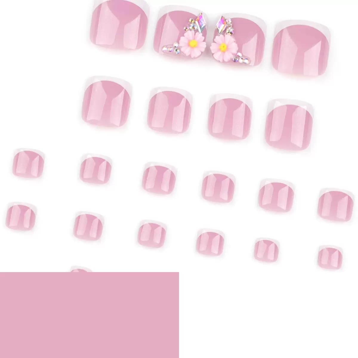 CTTHNBD Press on Toenails - White French Tip Fake Nails - Flower, Short Square, Summer Press on Toe Nails - for Women 24 Pcs