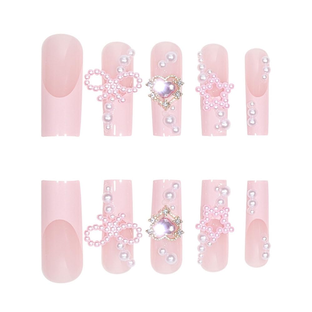 Cute Press on Nails Long Square Y2K BAOYAALIN, Pink Fake Nails with 3D Alloy Rhinestones Pearls Design Gel Glue on Nails for Women Girls Acrylic Artificial False Stick on Nail for Wedding 24Pcs