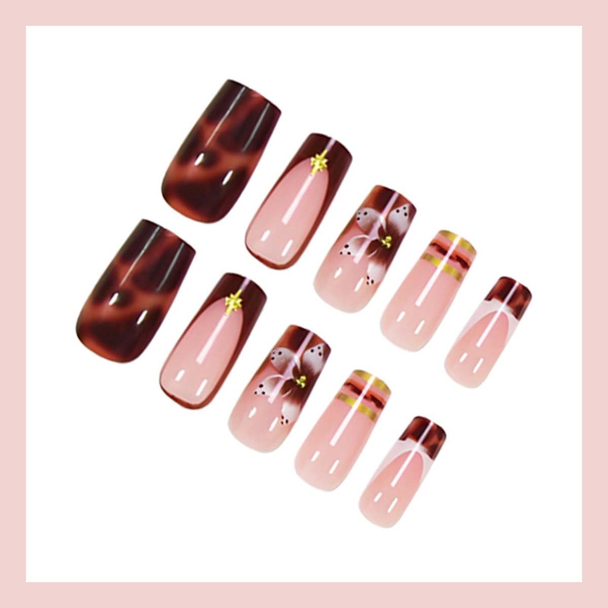LINMEIZAI 24Pcs French Press on Nails Medium Square Flowers Fake Nails Press ons Nail Tips, Lines Stick on Nails Acrylic Nails Kit False Nails Gold Beads Design Nail Art for Women Leopard Manicure