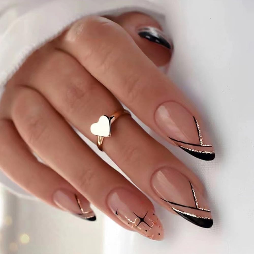 Medium Press on Nails Almond - French Tip Fake Nails with Black Line Design - Glitter, Star Full Cover Stick on False Nails for Women 24 Pcs