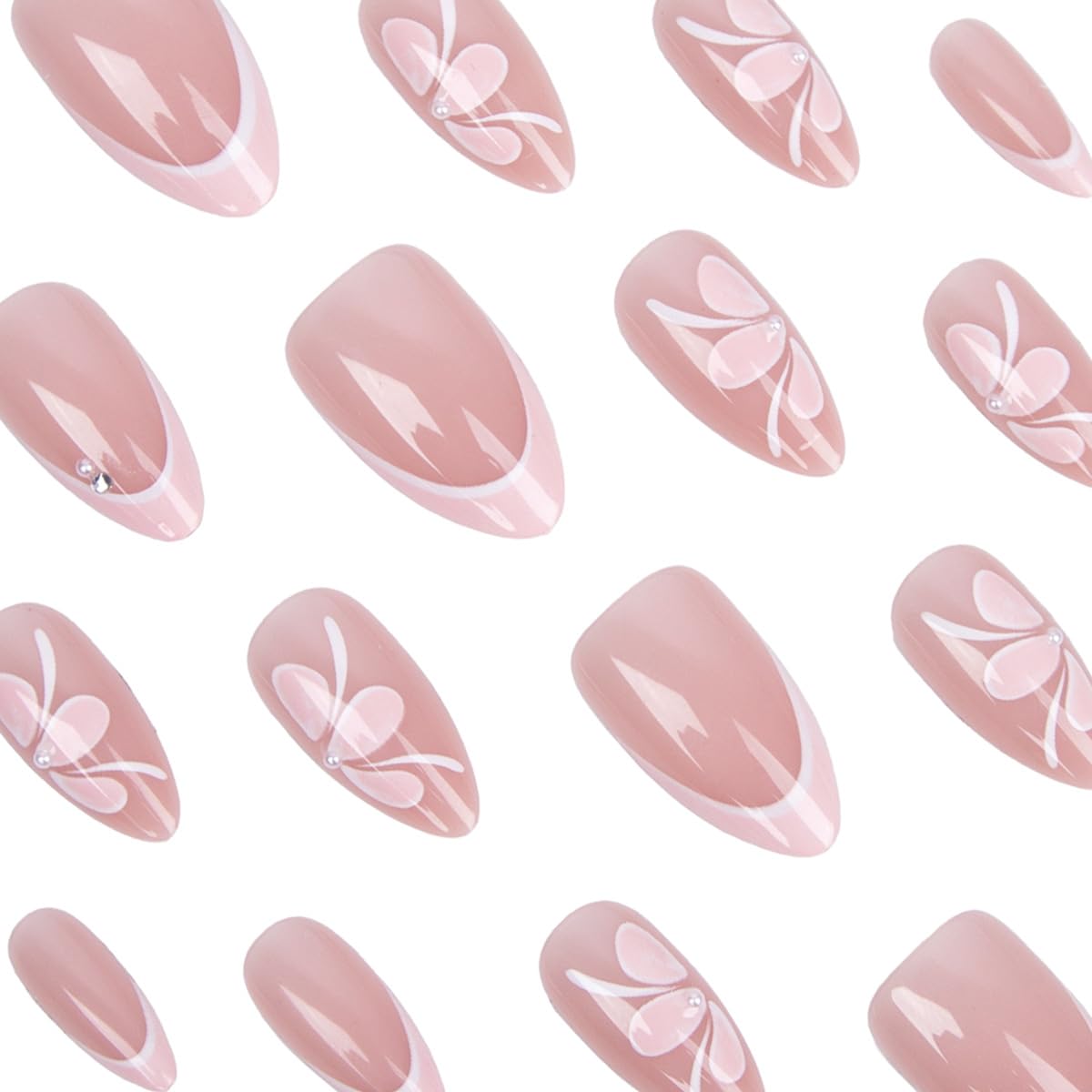 Pink French Tip Press on Nails - Medium Almond Nude Fake Nails with Flower & Pearl Design, Glossy Spring Summer Stick on Nails for Women Manicure, Glossy Finish | 12 Sizes - 24 Pcs