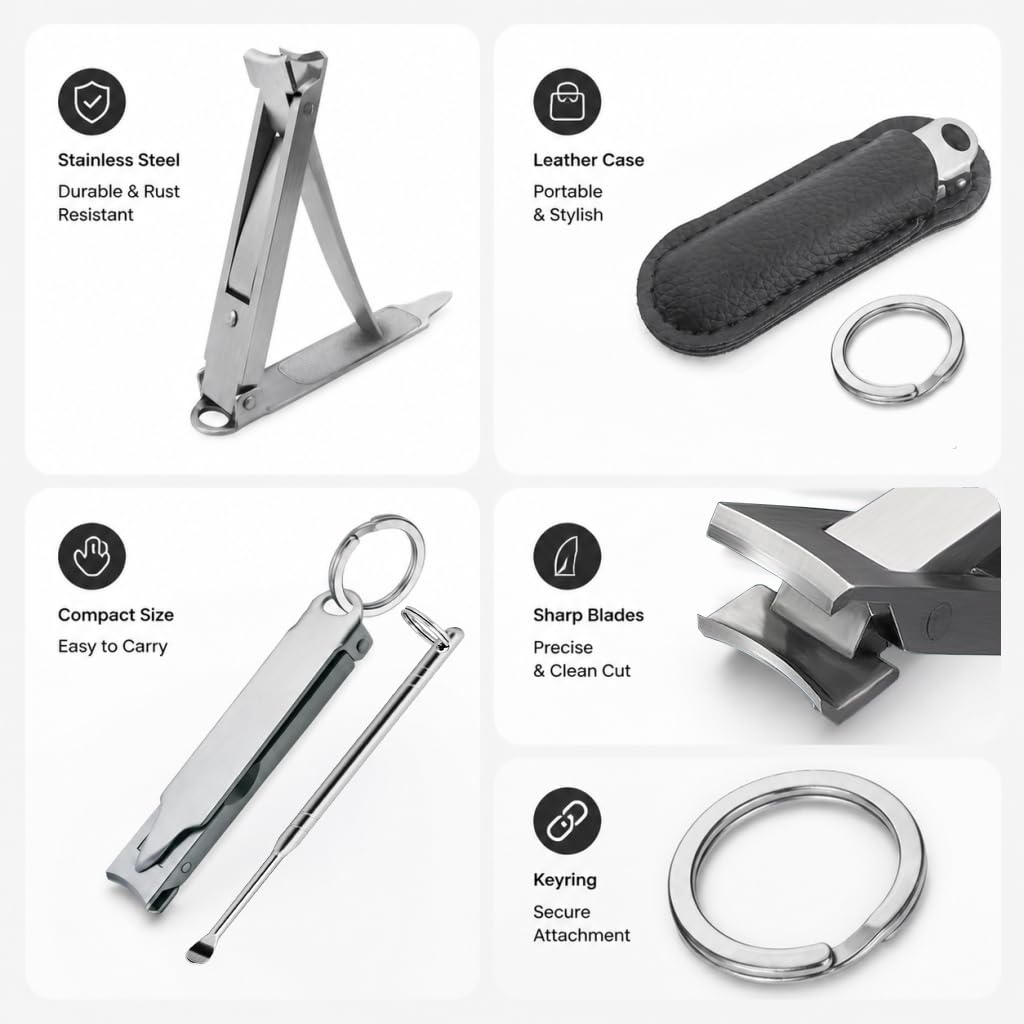 SG NEKOO Portable Ultra Thin Nail Clippers for Fingernail and Toenails, Stainless Steel Foldable Keychain Nail Cutter with Ear Pick and Case, Slim Travel Design for Men Women Adult