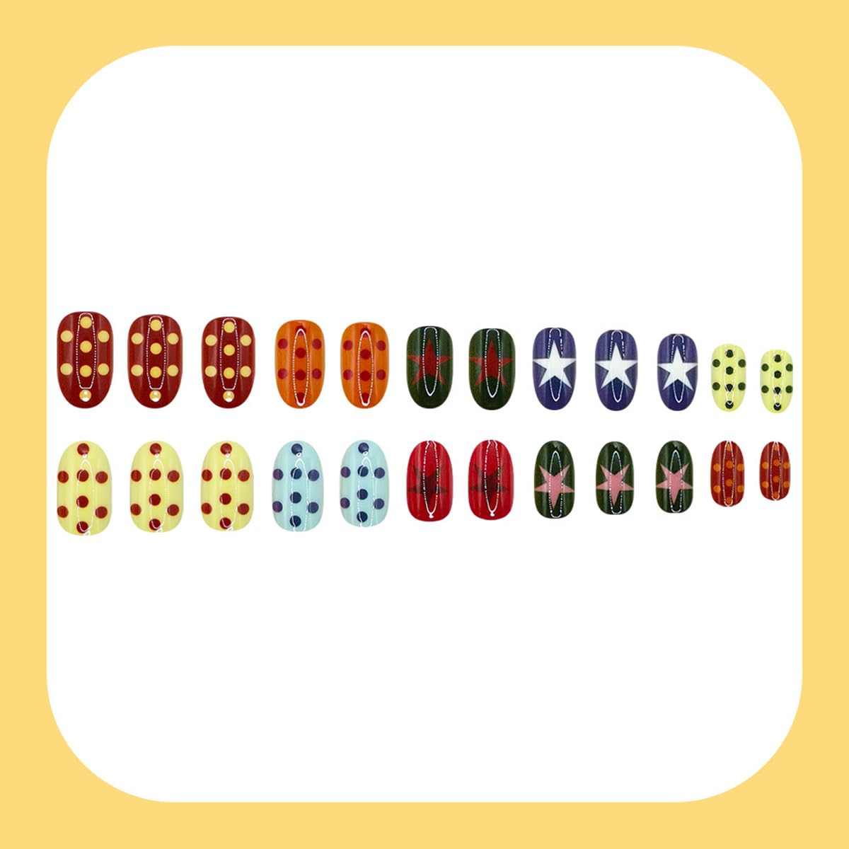 HPYFOI Press on Nails Short Oval Fake Nails Summer Nails Press ons with Colorful Polka Dots, Star Design,Y2k Reusable Artificial Nail Full Cover Glue on Nails for Women Manicure 24Pcs