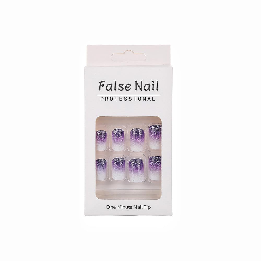 Rilafuvu Square Press on Nails Short Fake Nails Purple Gradient Glue on Nail Glitter Acrylic Nails Glossy False Nails Press on Nails for Women and Girls 24Pcs
