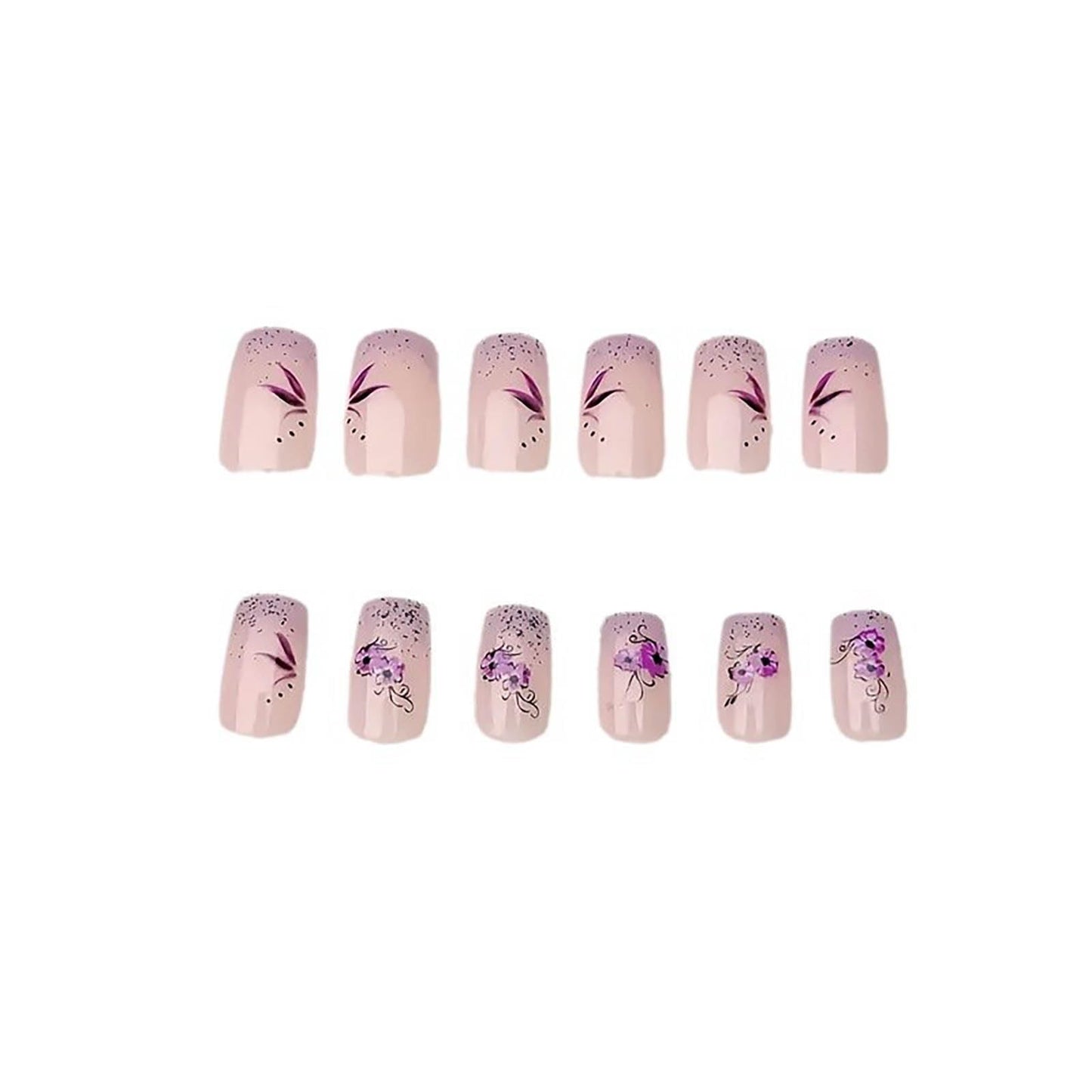 Press on Nails Medium Purple French Tip Fake Nails Glitter Square False Nails with Purple Flower Designs Glue on Nail Glossy Artificial Nails Acrylic Natural Stick on Nail for Women Girls 24Pcs
