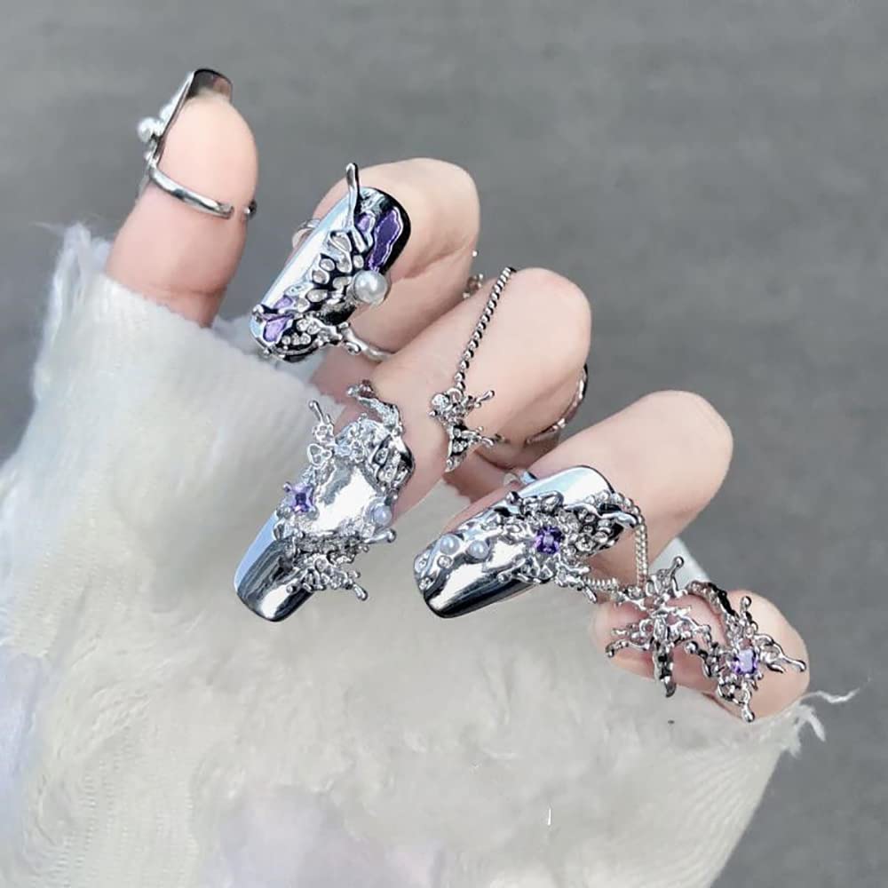 JZSMY 10Pcs Finger Tip Nail Rings for Women, Adjustable Open Circle Nail Art Charms Accessories, Irregular Fingertip Nail Armor Ring Punk Jewelry Set (Purple)