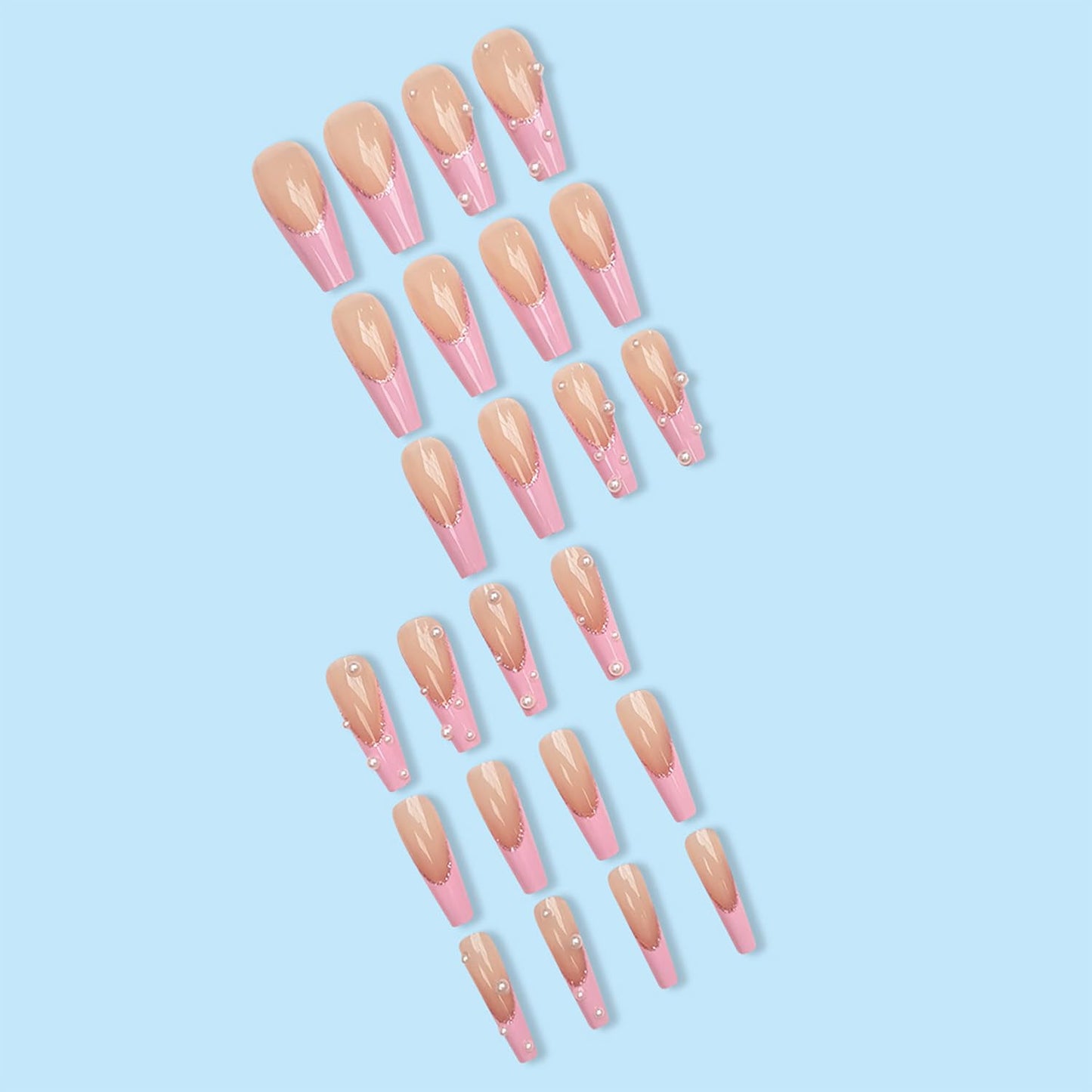 Vezocim Press on Nails Coffin Long French Tips Pink Glossy Full Cover Acrylic Square Fake Nails with Pearl Designs Extra Long Artificial False Nails Glue on Fingernails with Charm for Women Girls