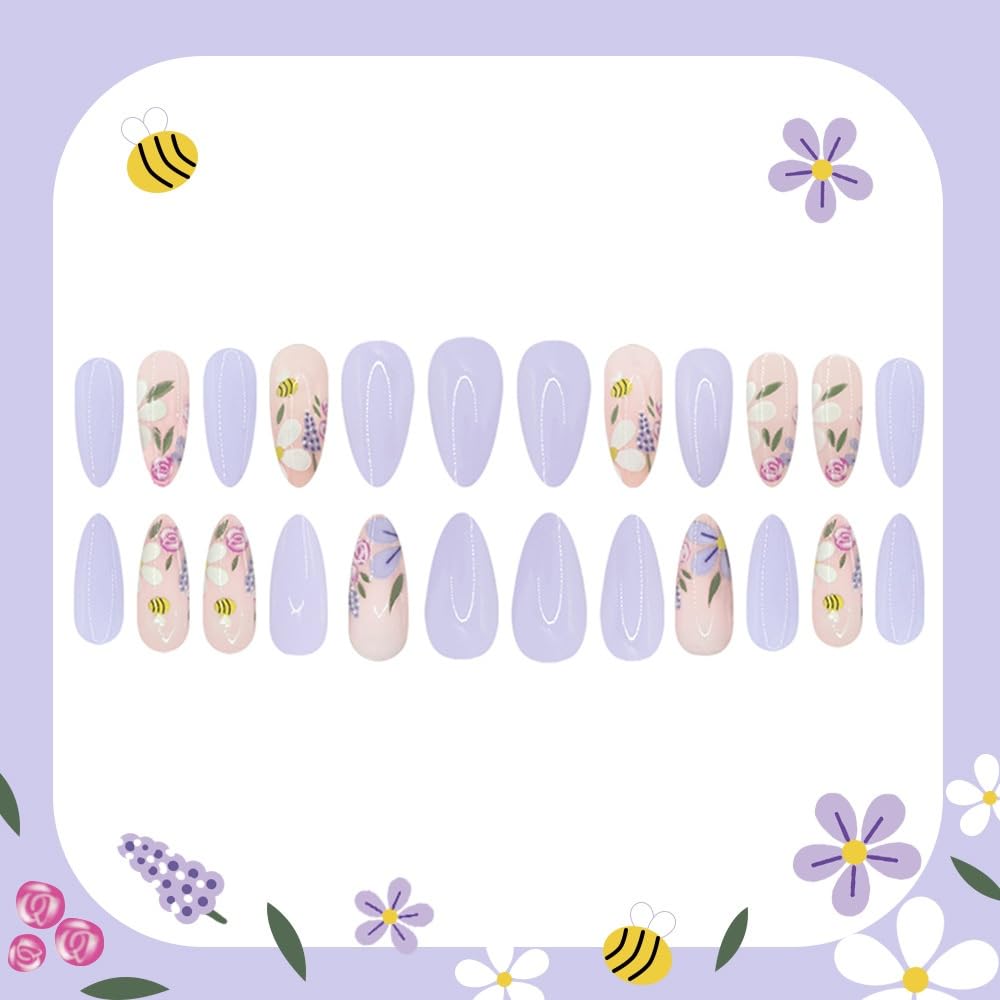 Flower Press on Nails Medium Almond Fake Nails with White Floral Design Glossy Full Cover Purple False Nail Spring Summer Nail Press ons Reusable Cute Stiletto Acrylic Nail for Women Manicure 24Pcs