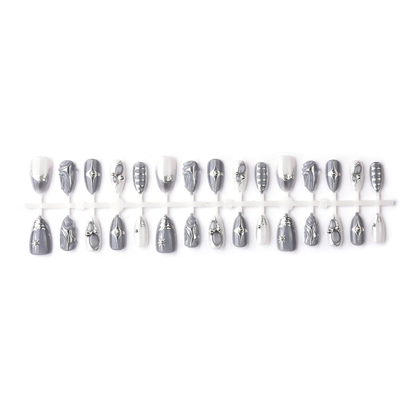 30pcs French Tip Press on Nails Medium Almond Fake Nails with 3d Rhinestones Designs Glue on Nails Gothic Silver Star False Nails Grey Glossy Full Cover Artificial Acrylic Nail Decoration for Women