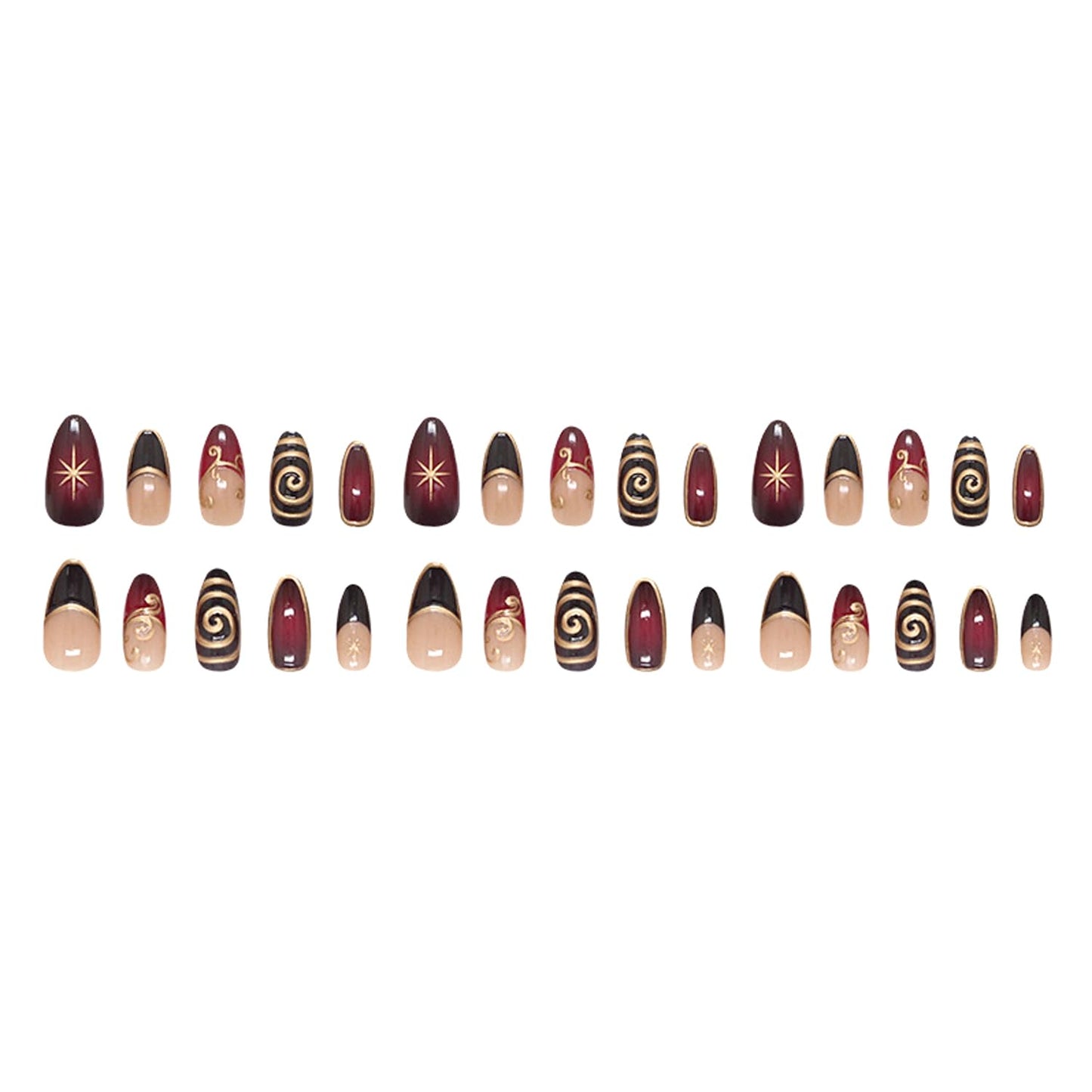24Pcs French Tip Press on Nails Medium Almond with Irregular 3D Gold Line Purple Night Starlight Design French Style Manicure Glossy False Nails Full Cover Artificial Glue on Stick on Nails for Women