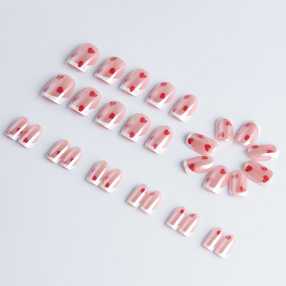 White French Tip Press on Nails Square - Short Fake Nails with Red Heart Design - Chrome Full Cover Stick on False Nails - for Women 24 Pcs