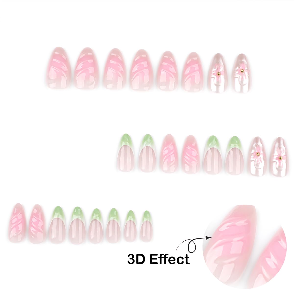 Press On Nails Medium Almond Shape – 24PCS Reusable Fake Nails with 3D Flowers, Pearls, Pink and Green French Tips, Glossy Stick On Nails for Women and Girls, Easy to Apply, Long Lasting