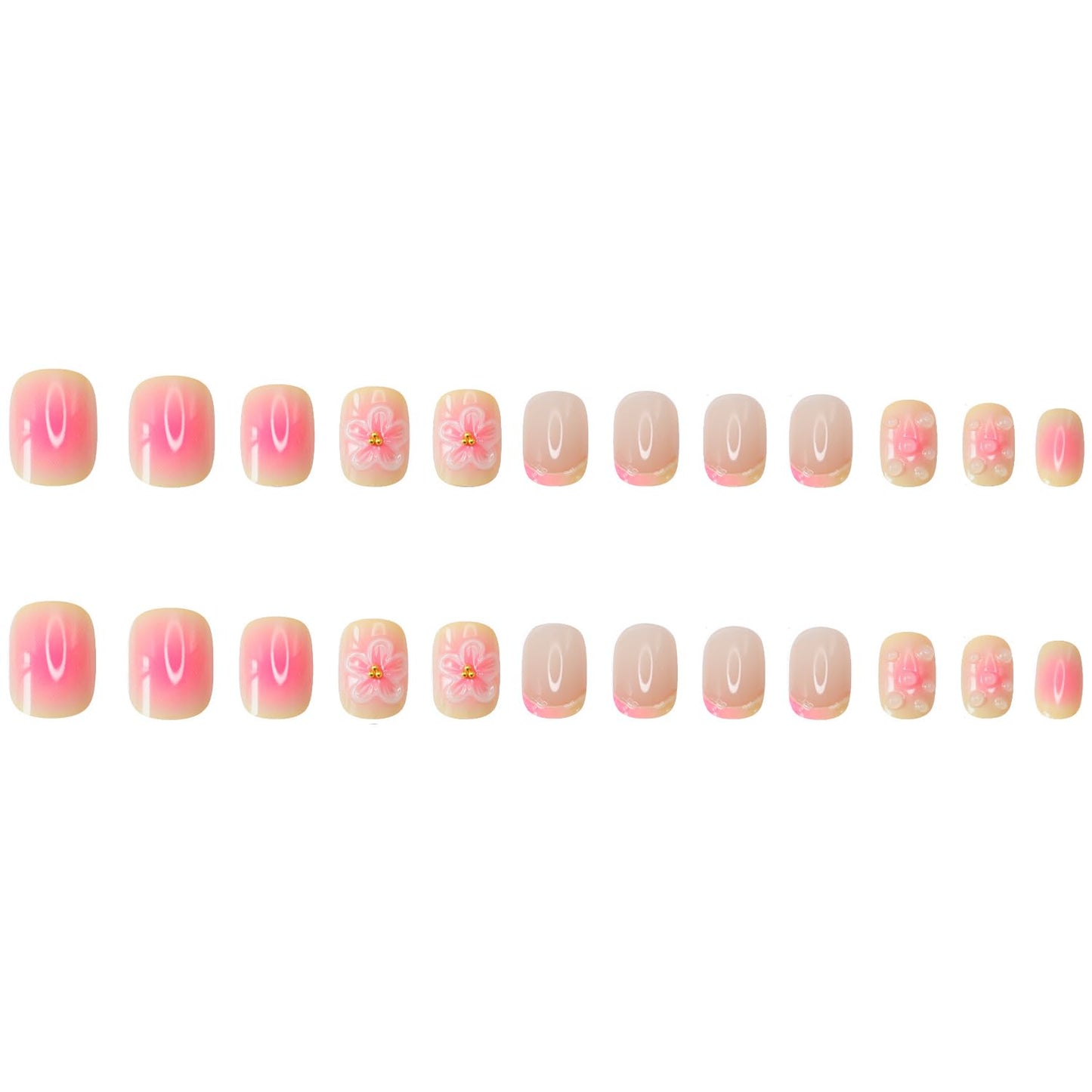 3D Short Square Press on Nails French Tip Fake Nails Pink&Yellow False Nails with Flower Water Drop Designs Glossy Glue on Nails Floral Stick on Nail for Women Girls 24Pcs