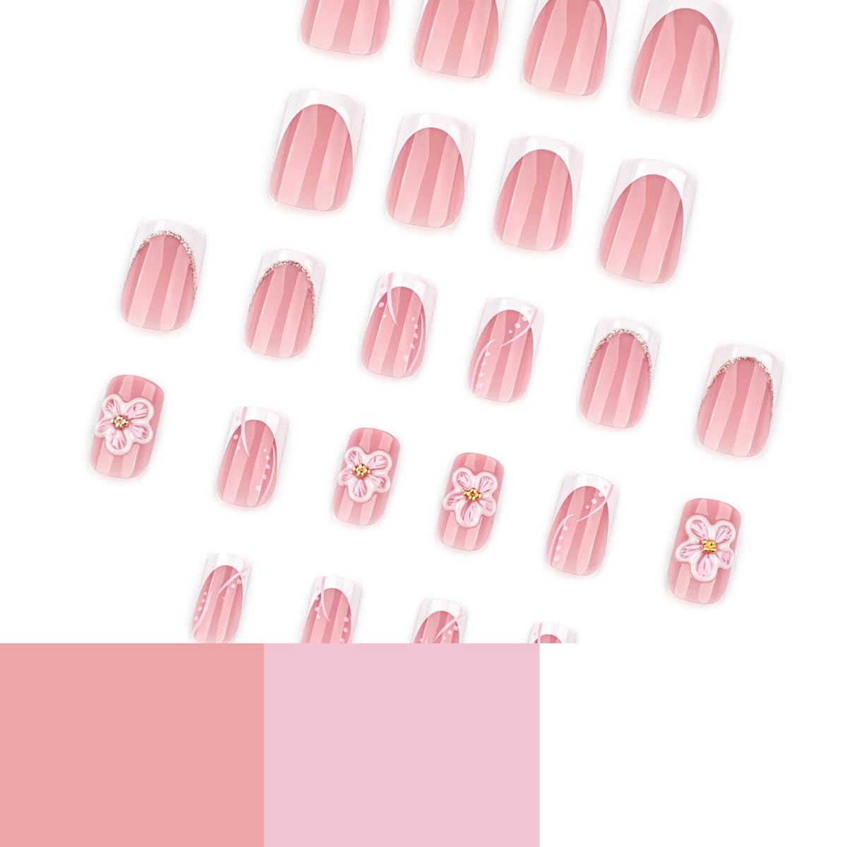 White French Tip Press on Nails Short Square Fake Nails with 3D Flower Design Nude Base False Nails Press ons Acrylic Glossy Cute Glue on Nails for Women Girls Manicure 24Pcs