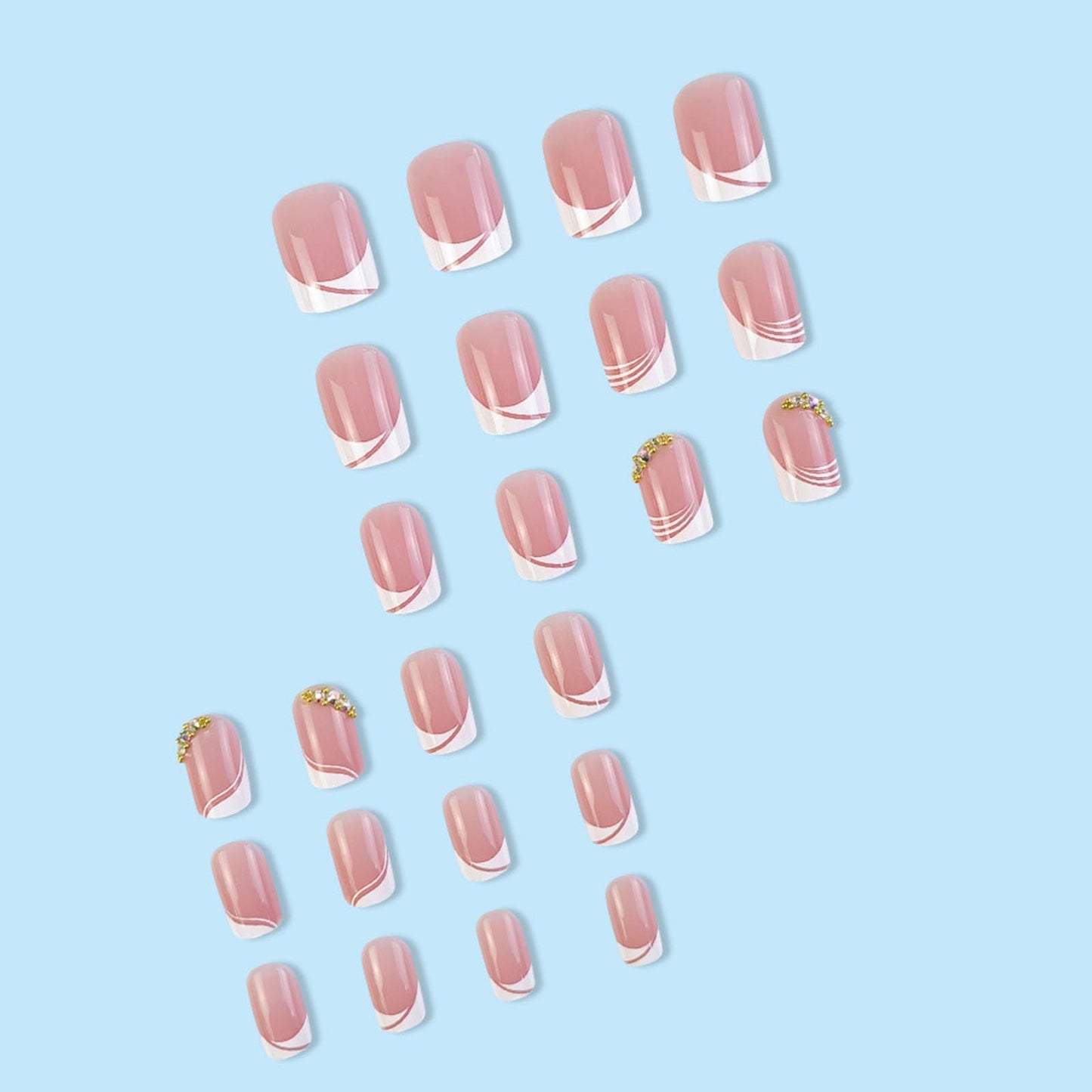 Square Press on Nails Short Fake Nails with Rhinestones Designs White French Tip Nails Press ons Glossy Glue on Nails Pink Full Cover Stick on Nails for Women 24Pcs