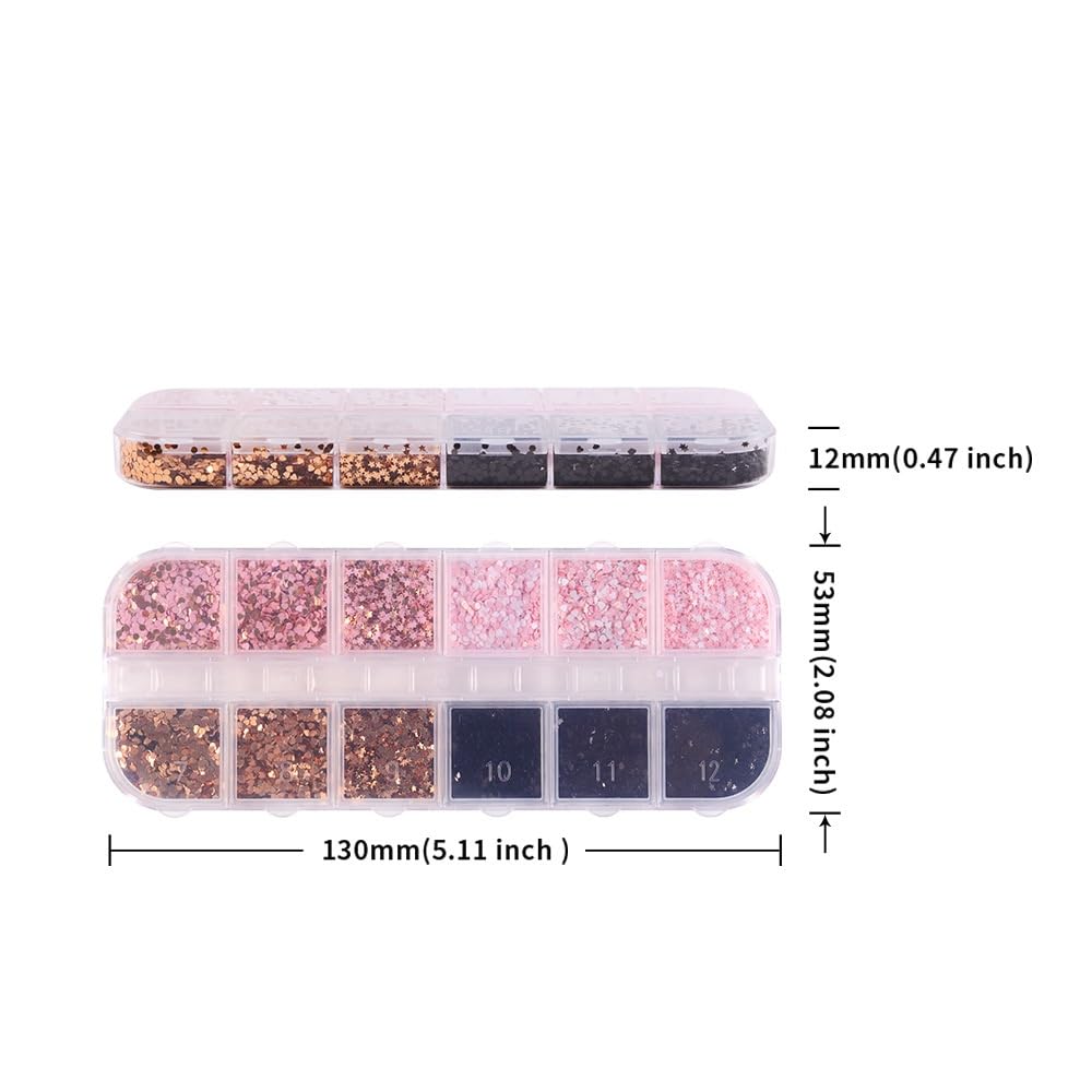 1 Box 4 Color Holographic Hearts Nail Glitter Round Star Nail Sequins 3D Pink Gold Nail Flakes Sparkly Glitter Flakes Shiny Nail Glitter Valentine's Day Nail Sequins Glitter for Nails Art 12 Grids