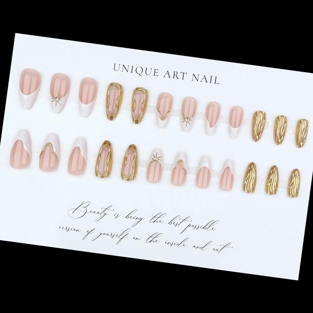 Medium Almond Press on Nails French Tips Nails Press on with 5D Star Charm Design Glossy Gold Lines Glue on Nails Metallic Golden Fake Nail Full Cover Pink False Nail for Women Manicure 24Pcs