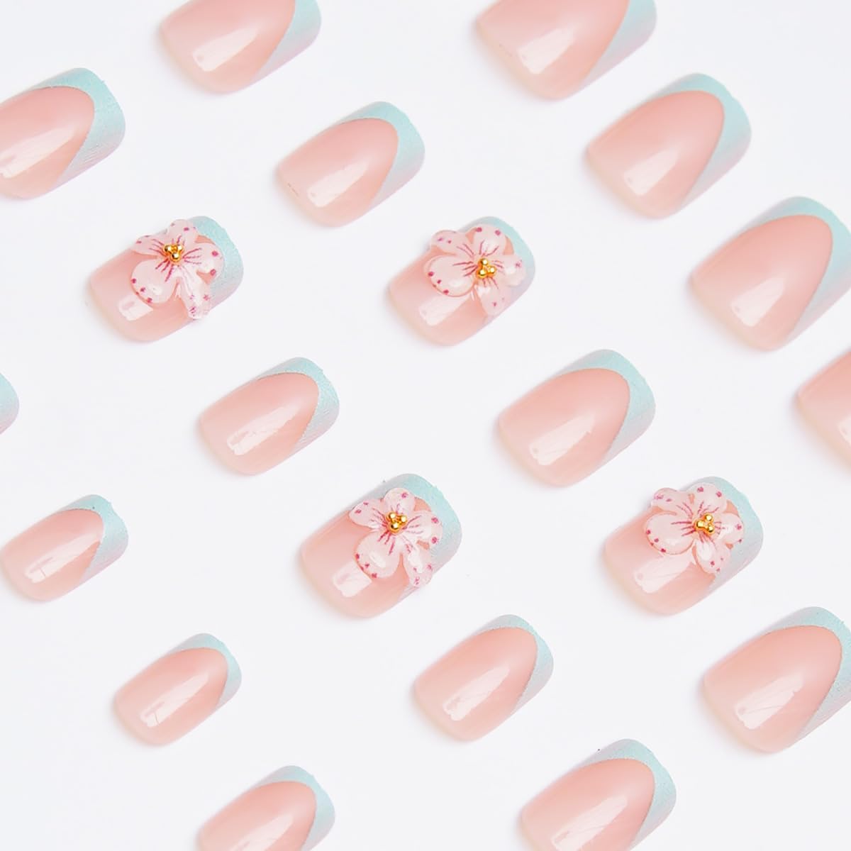 24Pcs Blue French Tip Press on Nails Short Square Fake Nails Pink 3D Flower False Nails with Gold Rhinestones Design Spring Summer Glue on Nail Full Cover Artificial Stick on Nails for Women Manicure