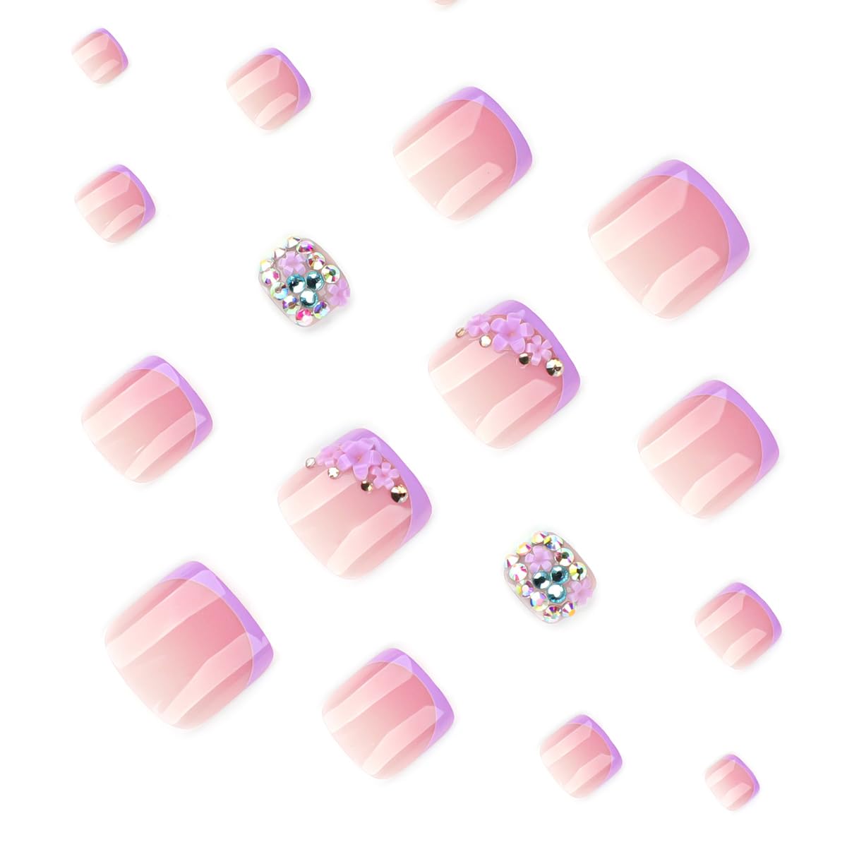 yefiuo Handmade Press on Toenails Purple French Toe Press on Nails Tips Kit Fake Toe Nails Press ons False Toenails Flower Rhinestones Acrylic Glue on Nails Stick on Nail for Women Nail Supplies 24Pcs
