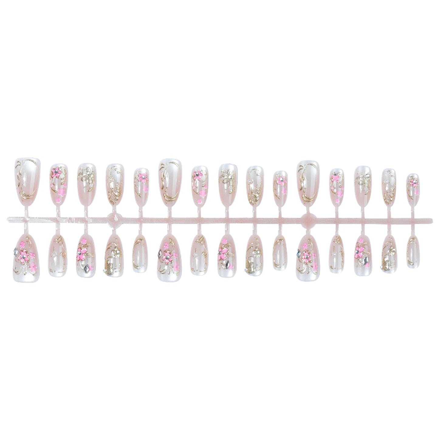 30Pcs Flower Press on Nails Medium Almond Fake Nails with 3D Rhinestone Pearls Design Gilded Flowers Star False Nails Nude Pink Smudge Full Cover Spring Summer Floral Artificial Acrylic Nail for Women