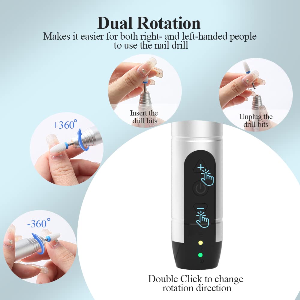 Electric Nail Drill Cordless, TOUCHBeauty Electric Nail File Machine Professional 12 in 1 for Acrylic Gel Nails, Manicure Pedicure Kit for Polishing Rechargeable (Silver)