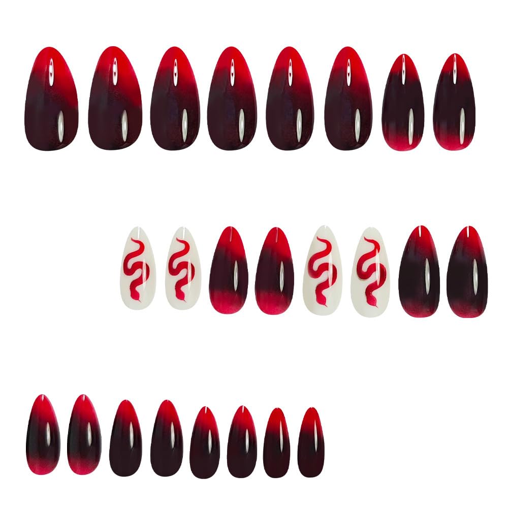 Press on Nails Medium Almond Fake Nails Ombre Red False Nails with Snake Glue on Nail Glossy Reusable Full Cover Gradient Burgundy Red Halloween Nails for Women Girls Manicure 24Pcs