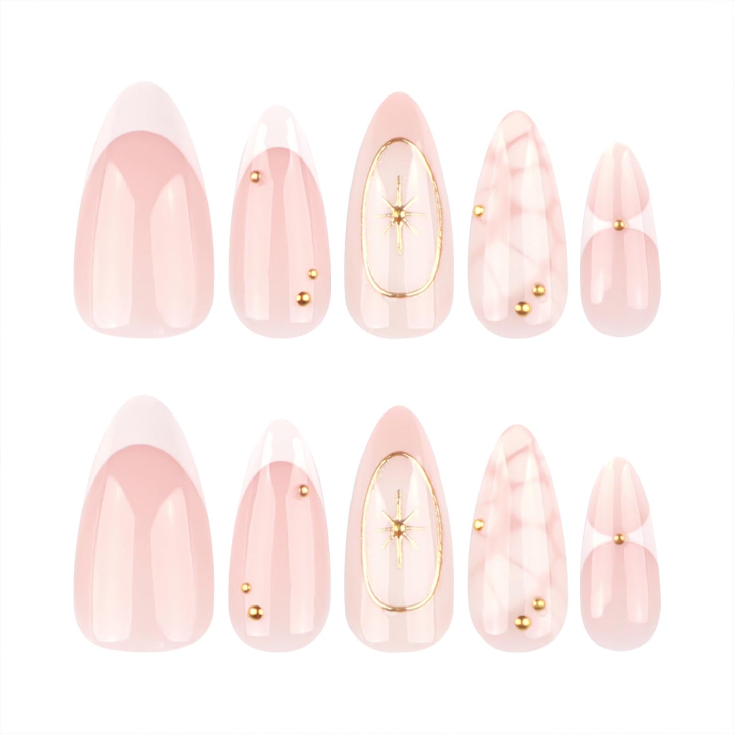 Mivota French Press On Nails Almond Medium, Fall Fake Nails Adorned with White Petal Accents and 3D Gold Lines Design, Glossy Gel Finish Acrylic Nails, Reusable Glue On Nails for Women, 24Pcs