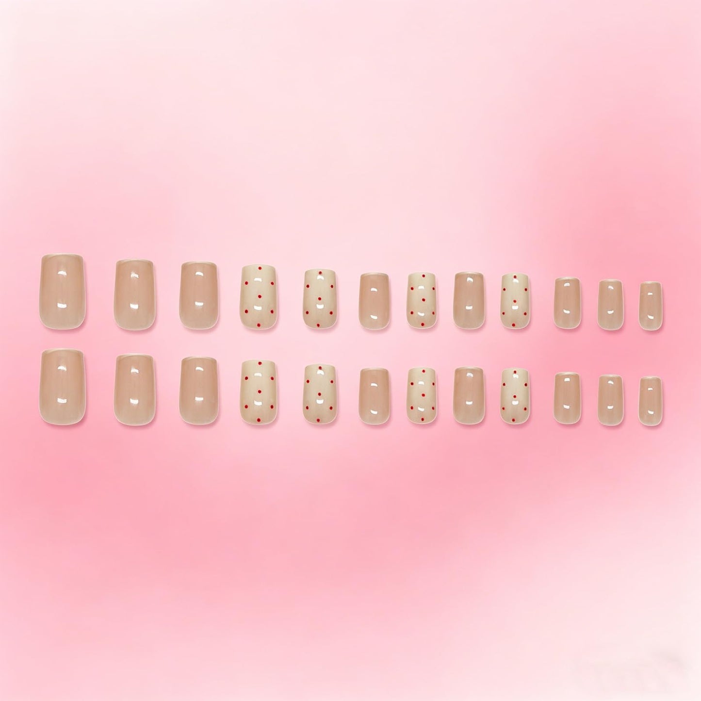 Nude Beige Gradient Press on Nails with Red Dot Accents, Medium Square False Nails, Polka Dots Stick on Fake Nail Reusable Glue on Artificial Nail for Women Minimalist Daily Wear