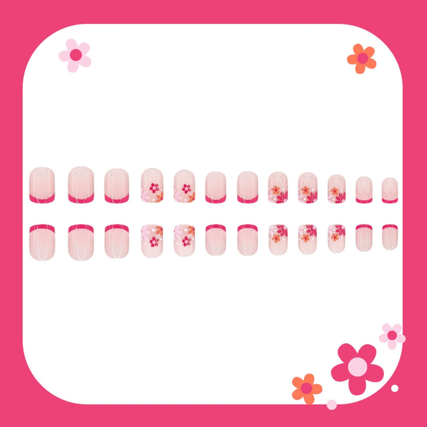 Floral Press on Nails Short Square Design Soft Nude Base with Pink Orange Flower Patterns Hot Pink French Tips Glossy Finish Reusable Stick on Nails Suitable for Casual Looks Artificial Nails 24 Pcs